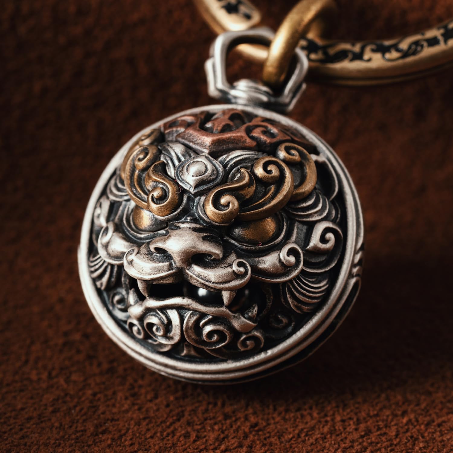 COPPERTIST.WU TaoTie Tiger Bell Dekor Glocken Schlüsselanhänger mit Schlüsselring, Haustier Bell Anhänger für Halskette, Messing & Kupfer & Silber