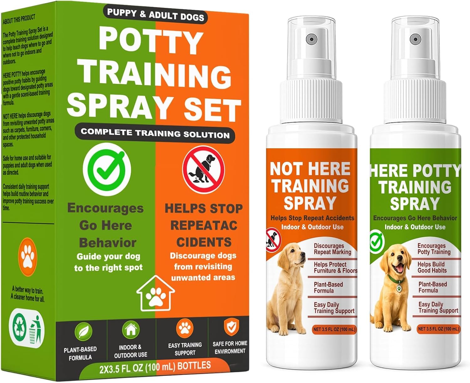 2-Step Dog Potty Training Spray Set, Here Potty & Not Here Dog Training Spray, Puppy Housebreaking Aid, Indoor Outdoor Pee Training Attractant & Deterrent Spray, Stops Marking & Accidents, 100ml x2