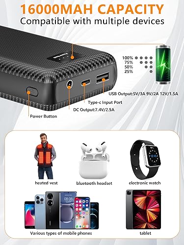 Miniatura 4 de Paquete de batería de chaleco calentado, batería recargable de 7.4 V 16000 mAh para chaquetas de calefacción, cargadores portátiles de 5 V9 V12 V