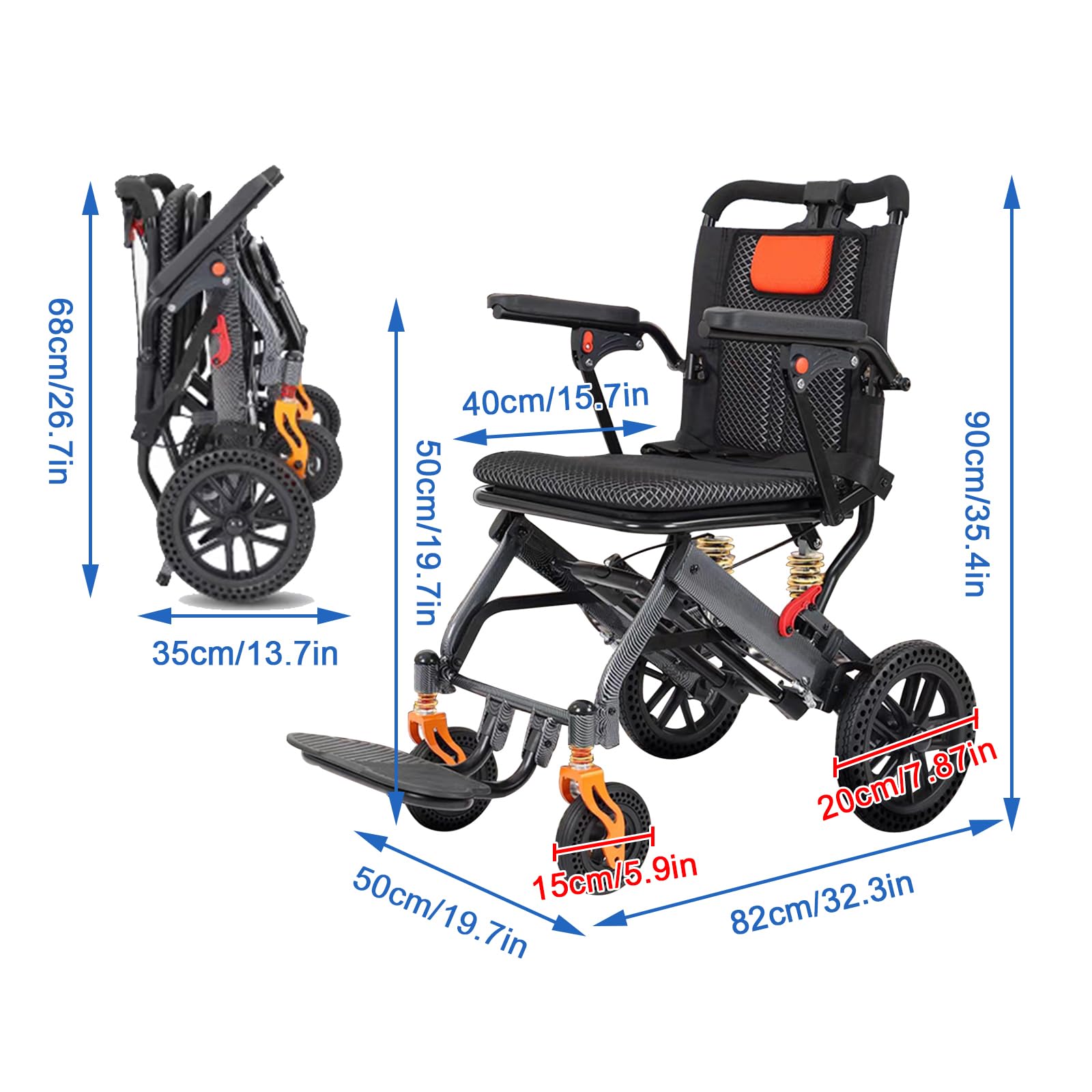 Silla Ruedas Plegable de Acero para Personas Mayores,Sillas de Ruedas Adulto para Exterior,Silla de Ruedas Plegable Ligera de Paseo Ancianos,Freno Manual, Reposapiés(Rear Wheel 20cm/7.87in)