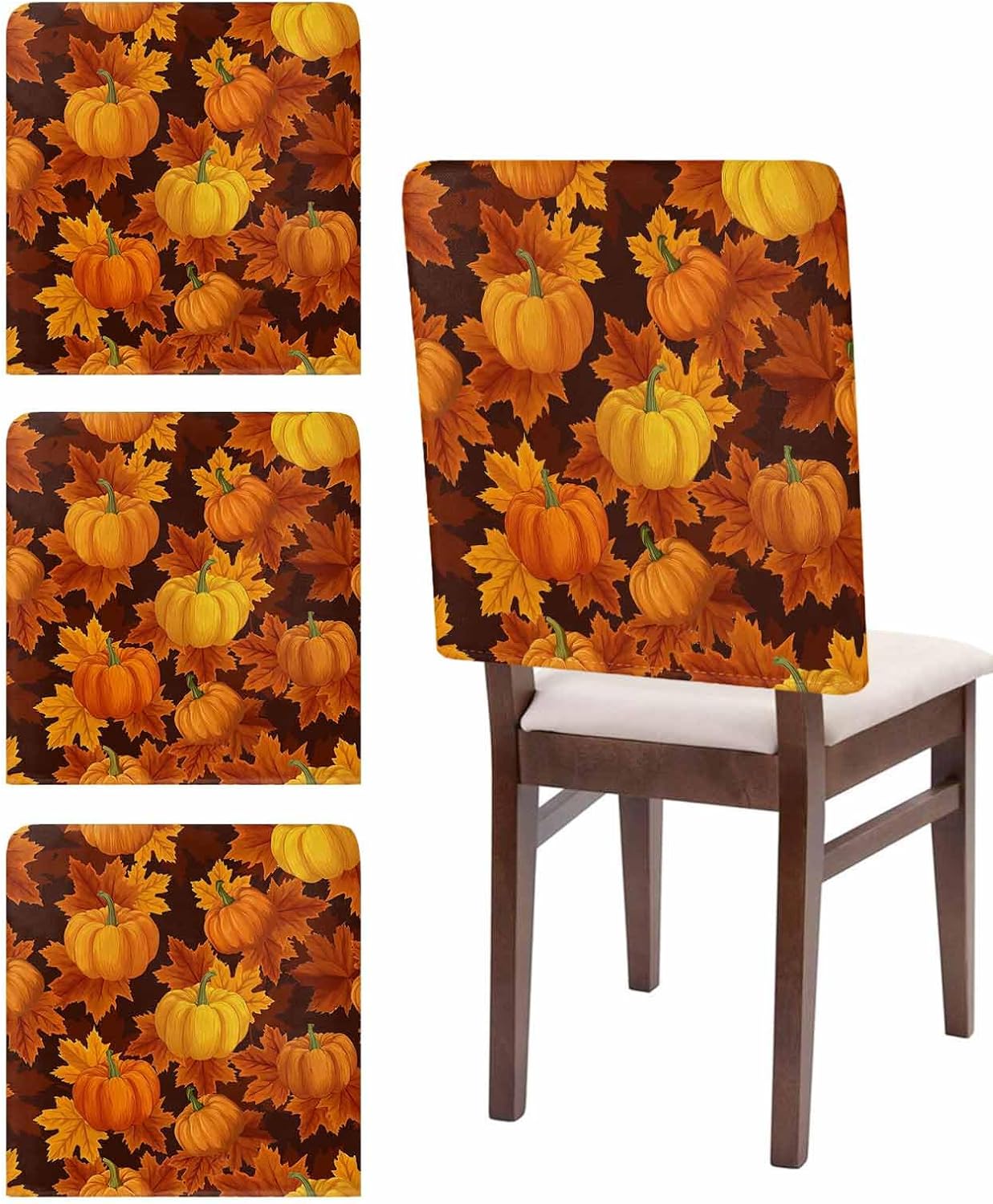 Fall Chair Covers Set of 4 Orange Harvest Pumpkin Chair Slipcover Protector Removable Stretch Chair Covers Autumn Maple Leaf Thanksgiving Chair Back Covers for Dining Chairs Kitchen Holiday Party