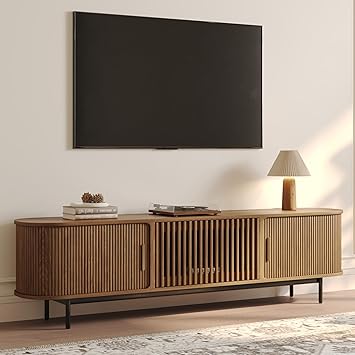 POVISON Fully-Assembled Mid Century Modern TV Stand for 75 inch TV, Sliding Door Entertainment Center with Storage, Wood TV Console, Media Console for Living Room BedroomWalnut, 78.74"