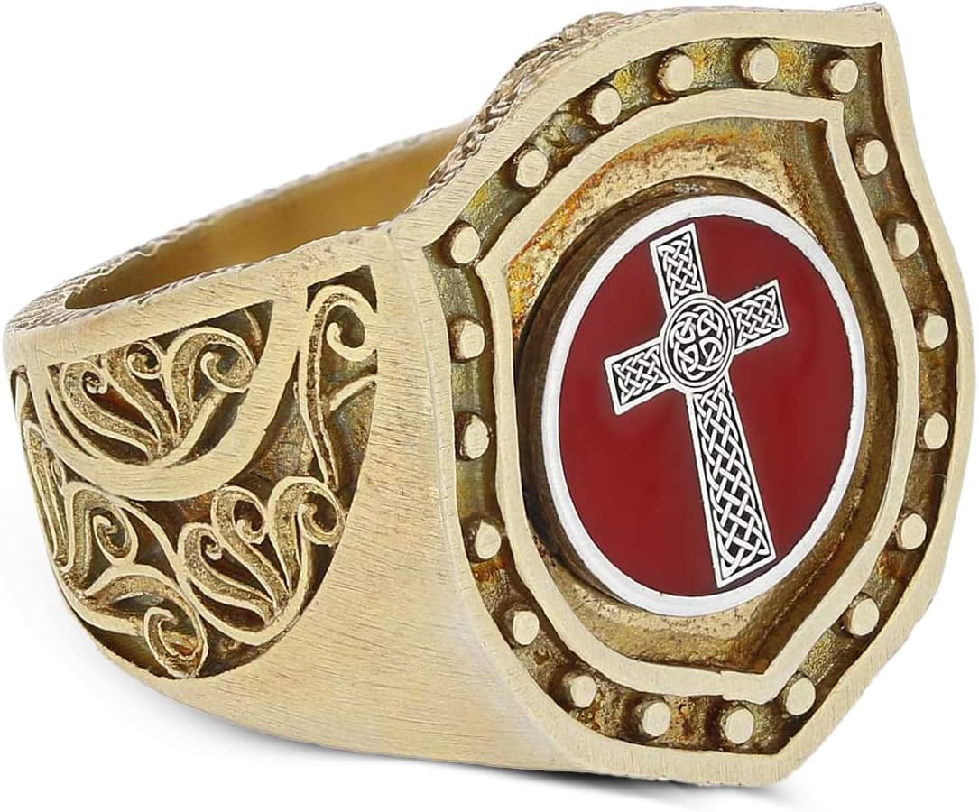 Crusader Signet Ring, Handmade Christian Cross Statement Ring, Red Cross Christian Ring, Gold Coated Knights Templar Ring, Shield of Faith