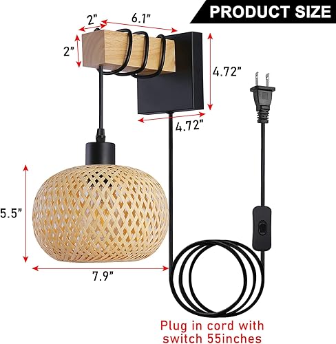 Miniatura 6 de Apliques de pared enchufables de granja para dormitorio, sala de estar, linterna de ratán de bambú, lámpara colgante de montaje en pared, lámpara