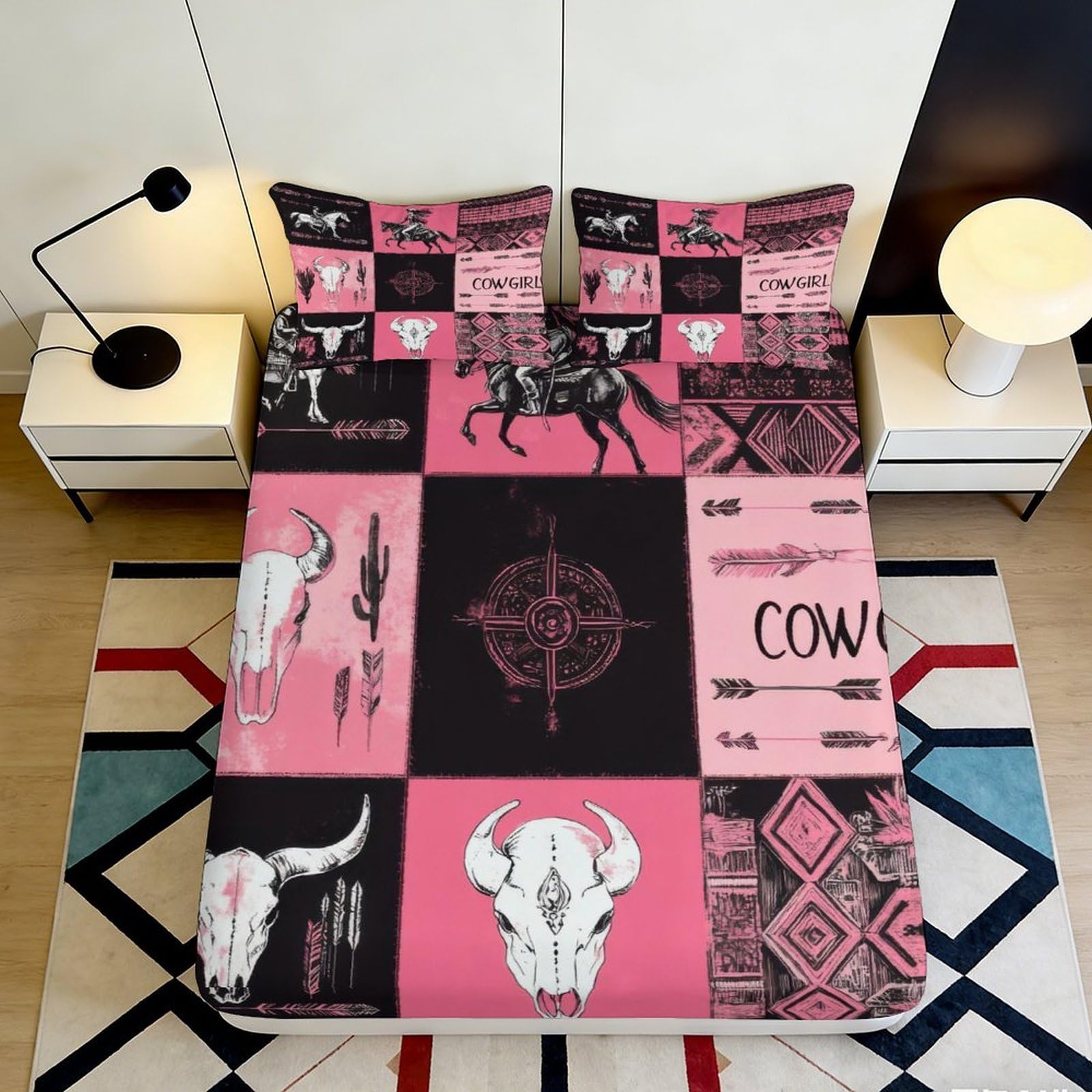 3D Printed Western Cow Skull Fitted Sheet Microfiber Breathable Pink Geometric Bed Cover for Bedroom Guest Room Decor 90x200x25cm