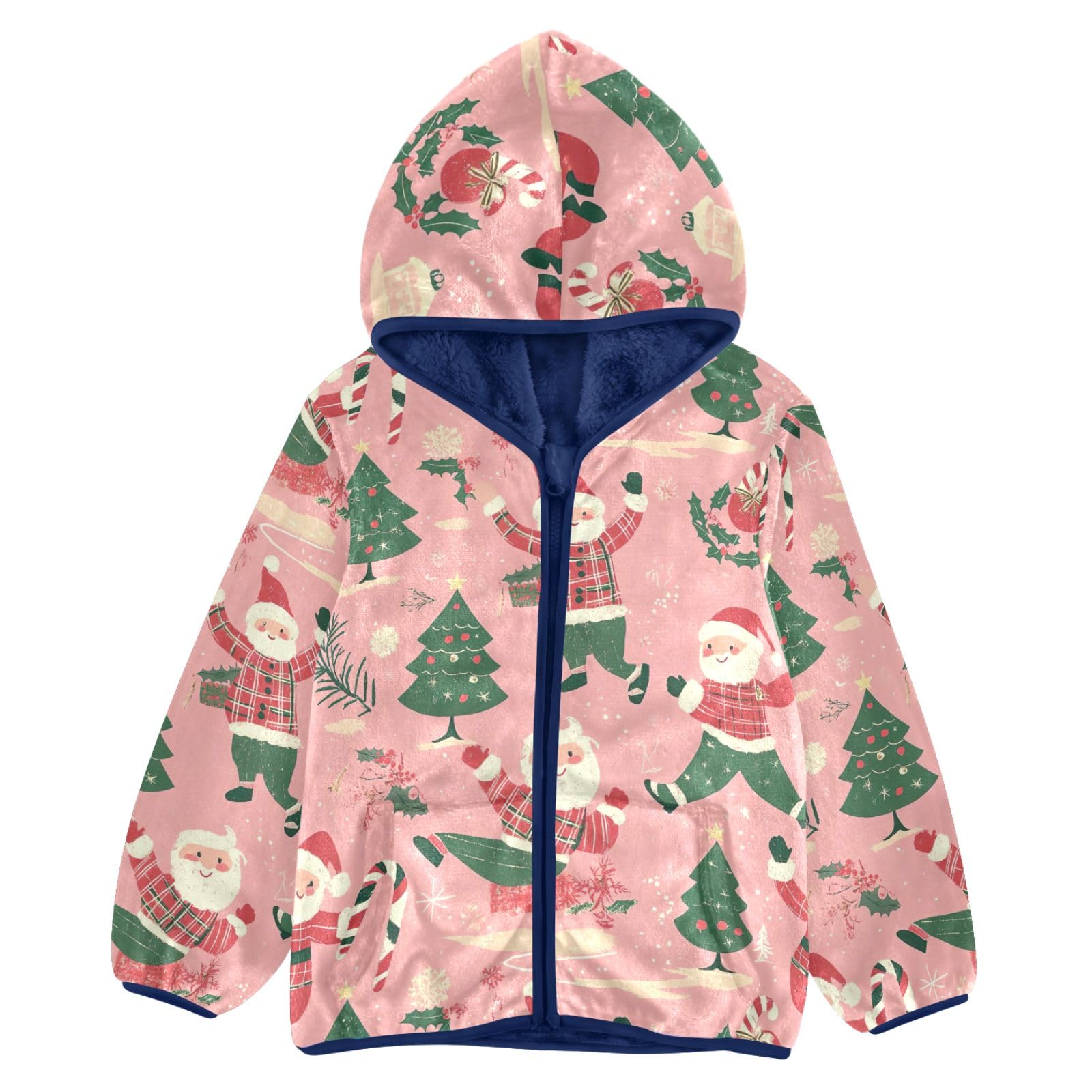 CHIFIGNO Cute Girls Boys Fleece Jacket Cute Santa Claus Christmas Trees Kids Hoodie Warm Winter Outwear with Pockets for Toddler and Kids, 7-8T