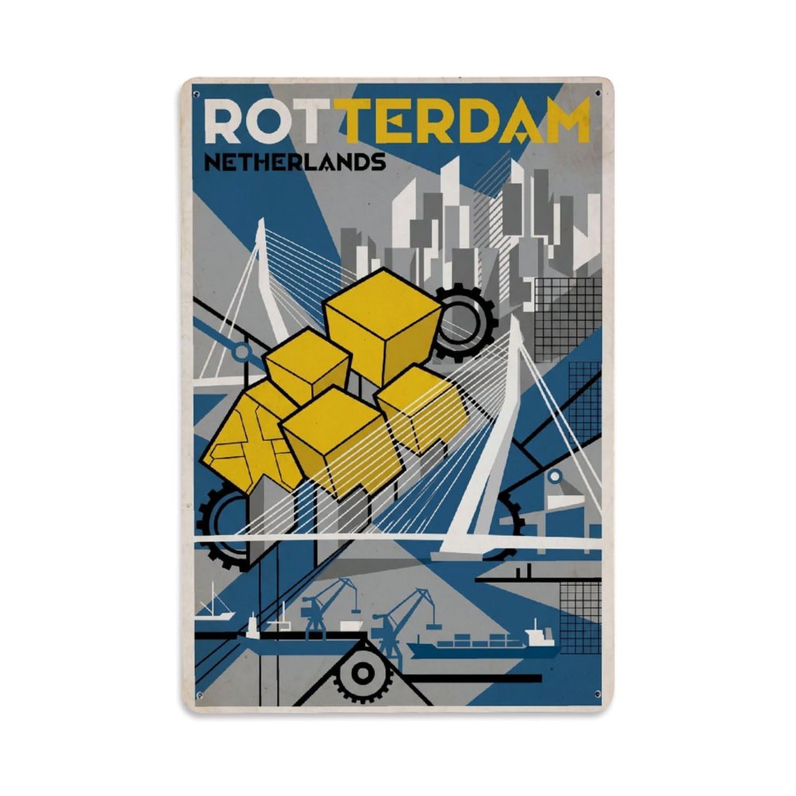 Travel Retro Netherlands Rotterdam Metal Tin Sign Plaque Wall Decor for Cafe, Club Bar, Office, Garden Metal Poster 8x12Inch