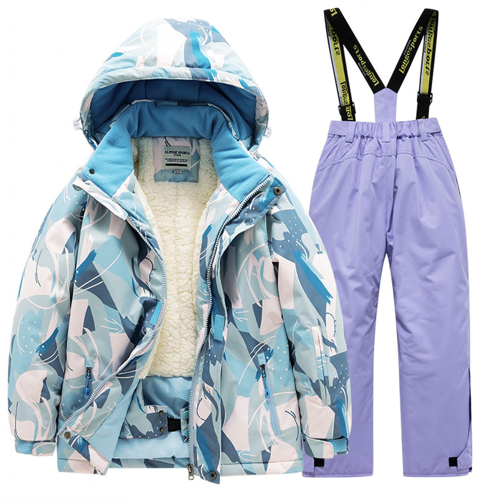 Skianzug Kinder Wasserdicht mit Tarnmuster und Kapuze, Skijacke und Skihose