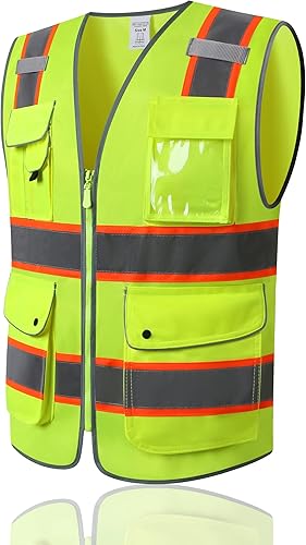 Chaleco de seguridad reflectante para hombres y mujeres, con 9 bolsillos y cremallera frontal, chaleco de trabajo de alta visibilidad, chaleco de