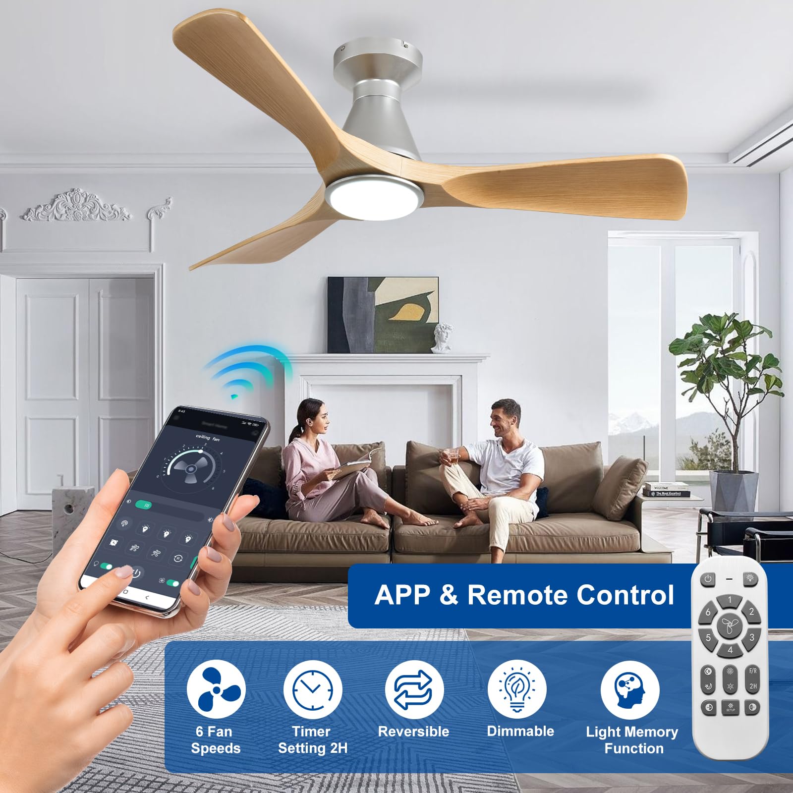 Depuley Ventiladores de techo de 42 pulgadas con luz: Ventilador de techo empotrado de 3 aspas con acabado granulado para cocina - Ventilador exterior regulable con control mediante aplicación móvil