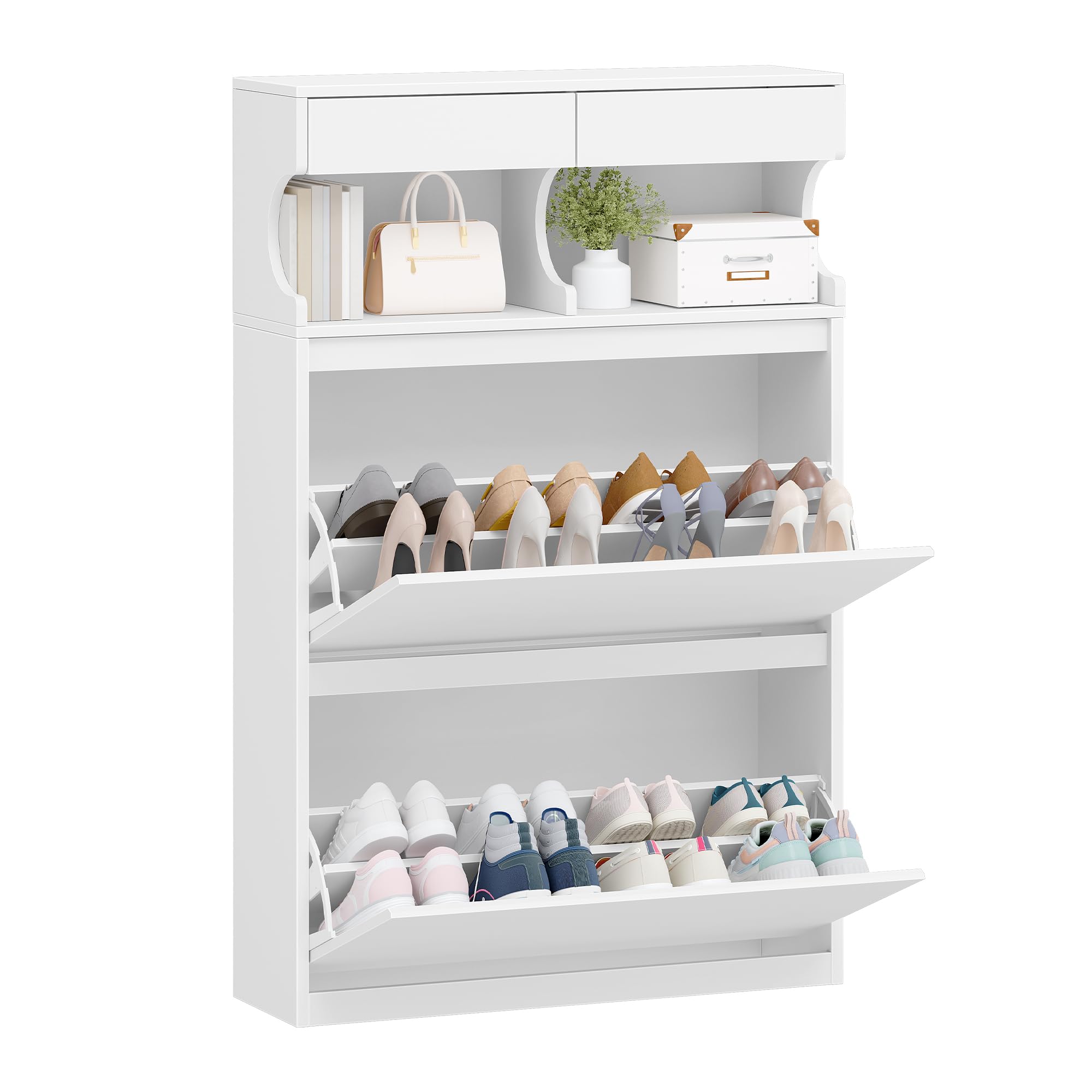 Hzuaneri Wooden Shoe Cabinet | 2 Flip Drawers, 2 Drawers & 2 Open Compartments, 16–18 Pairs of Shoes, Slim Shoes Rack Cabinet for Hallway, Living Room, White, 80 x 24.5 x 124.5 cm, SR45303X