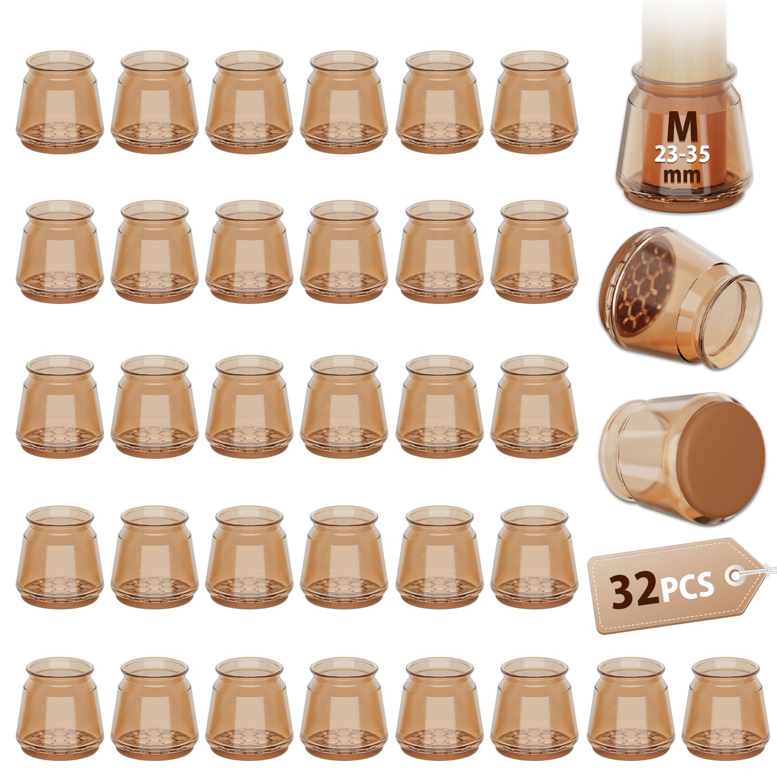 32 Pcs Round Brown Chair Leg Floor Protectors, Anti-Scratch Rubber Feet Caps for Chair Table Sofa Legs, Chair foot glide carpet protector, Protect Wooden Floors and Reduce Noise(Fit:23-35mm)