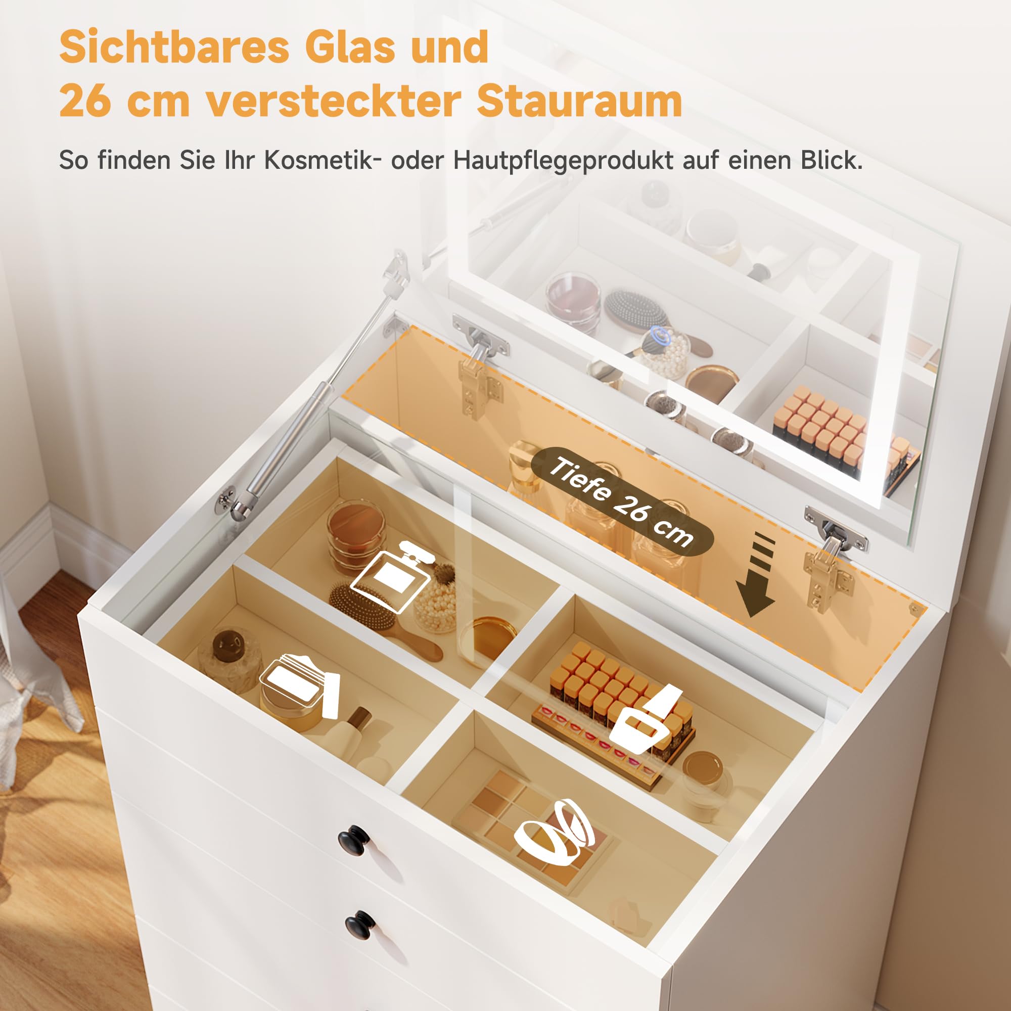 SONNI Schminktisch 3 in 1 mit Klappspiegel 4 Schubladen LED Weiß 60x45x83cm | Frisiertisch mit Sichtbarer Glasplatte, Hocker mit 4 Universalrollen, Kosmetiktisch für Schlafzimmer, Wohnung, Loft, Wohnheim