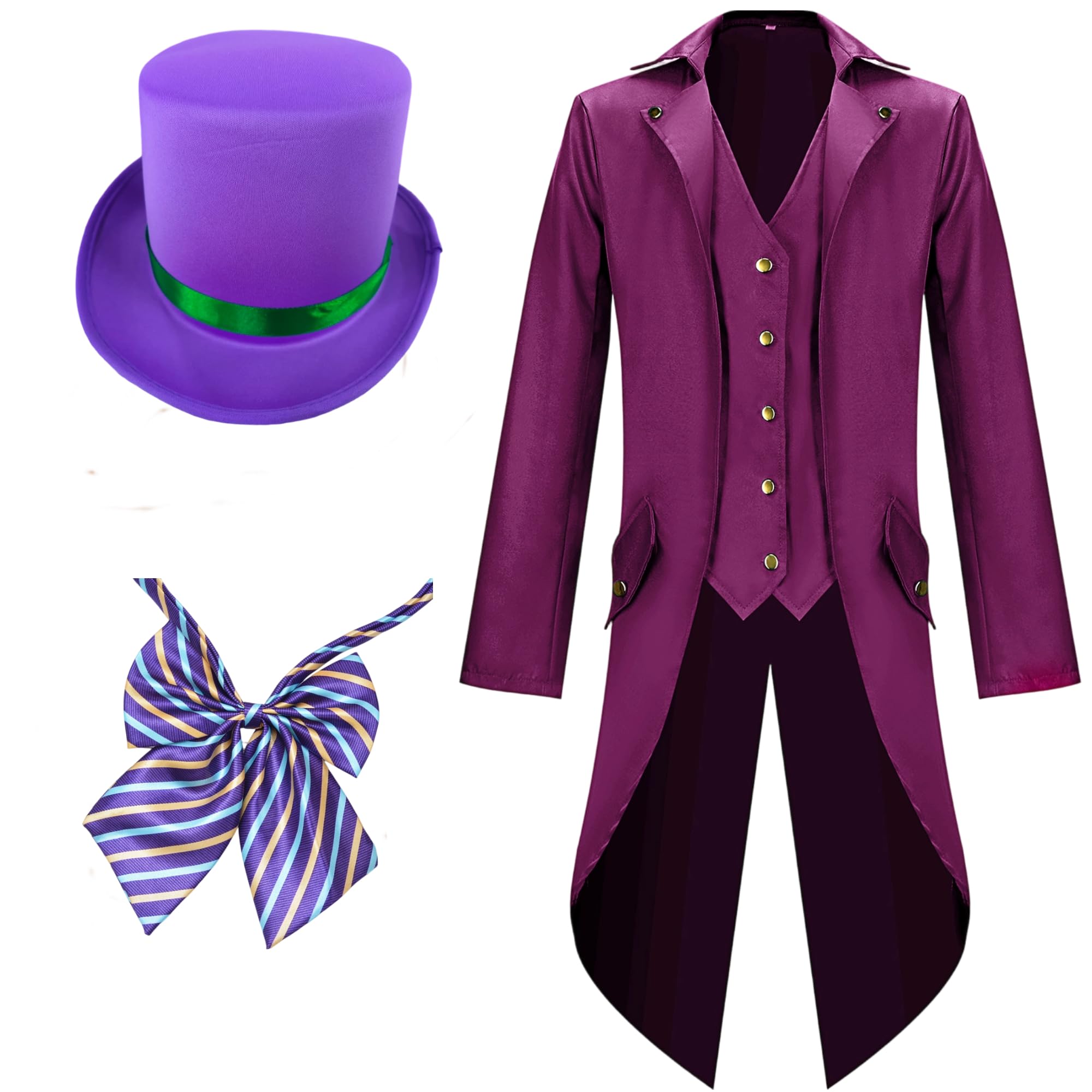3 Pcs Halloween Men's Hatter Costume Include Steampunk Tailcoat Jacket Top Hat Bow Tie for Halloween Adults