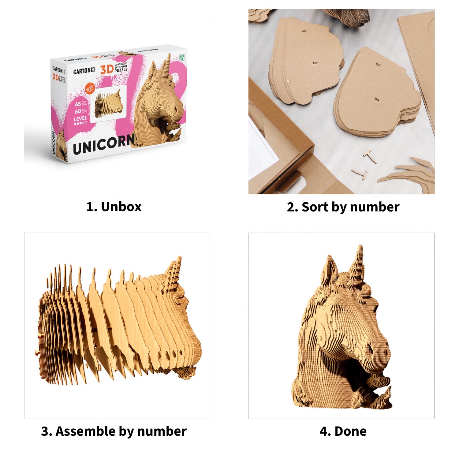 Licorne Puzzle 3D en Carton – Maquette à Monter | 65 Pièces, 18 × 18 × 9 cm – Kit Sculpture DIY à Peindre, Matériaux Recyclés, Ados & Adultes, Idée Cadeau Déco