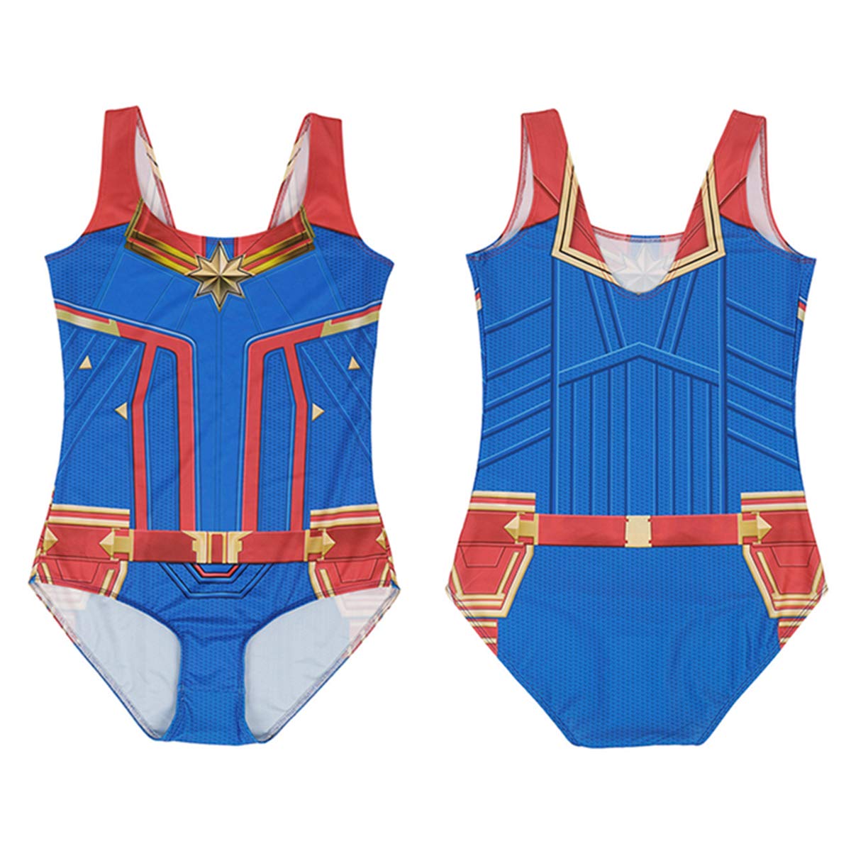 QQWE Captain Marvel Fancy Dress Clothing Ladies Cosplay Swimsuit V Neck  One-Piece Swimming Costume Tummy Control Swimwears Beach Bathing Suits