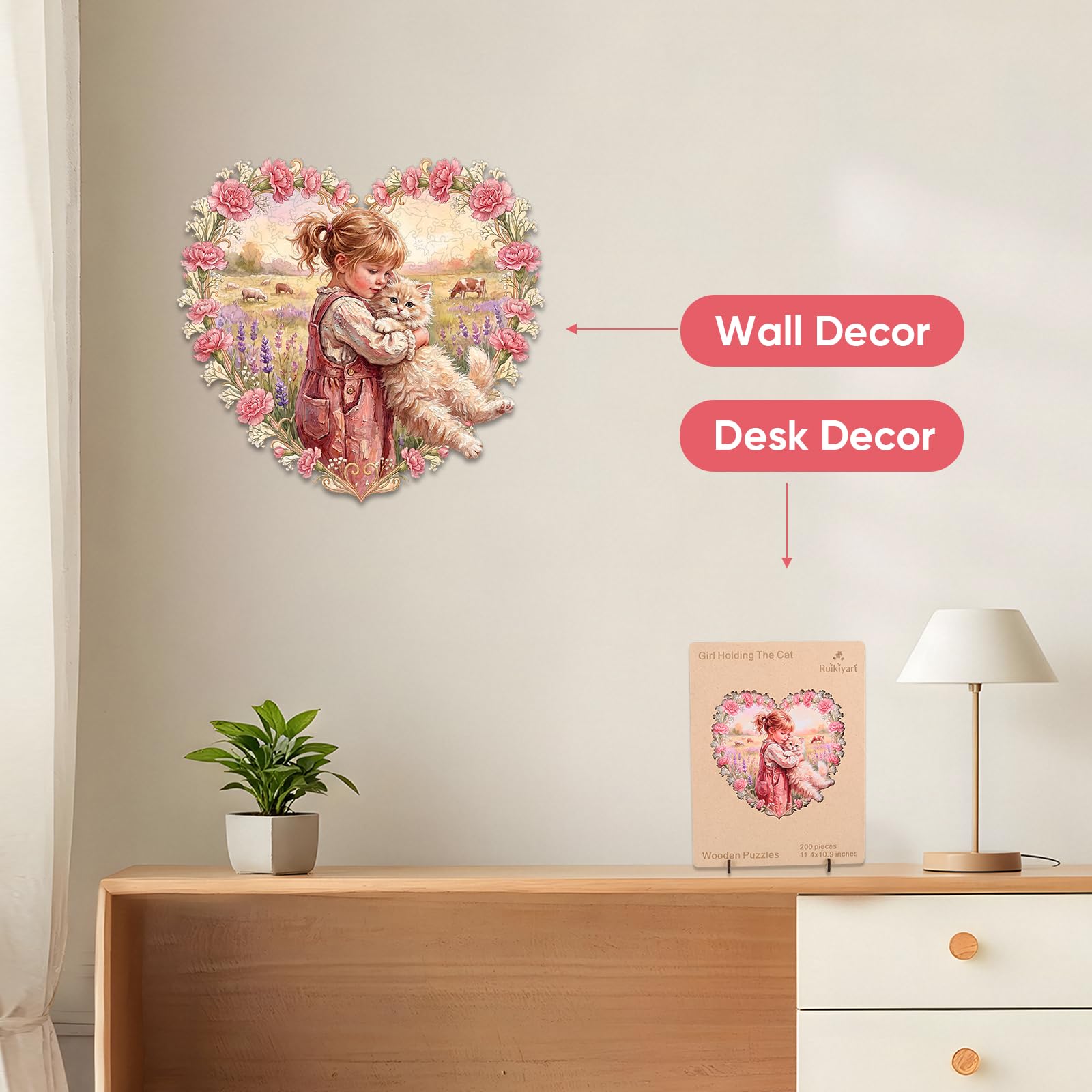 Ruikiyart Casse-tête en bois de 200 pièces en forme de cœur pour adultes, puzzle stimulant fille et chat avec pièces irrégulières uniques, parfait pour une soirée de jeu en famille, un anniversaire