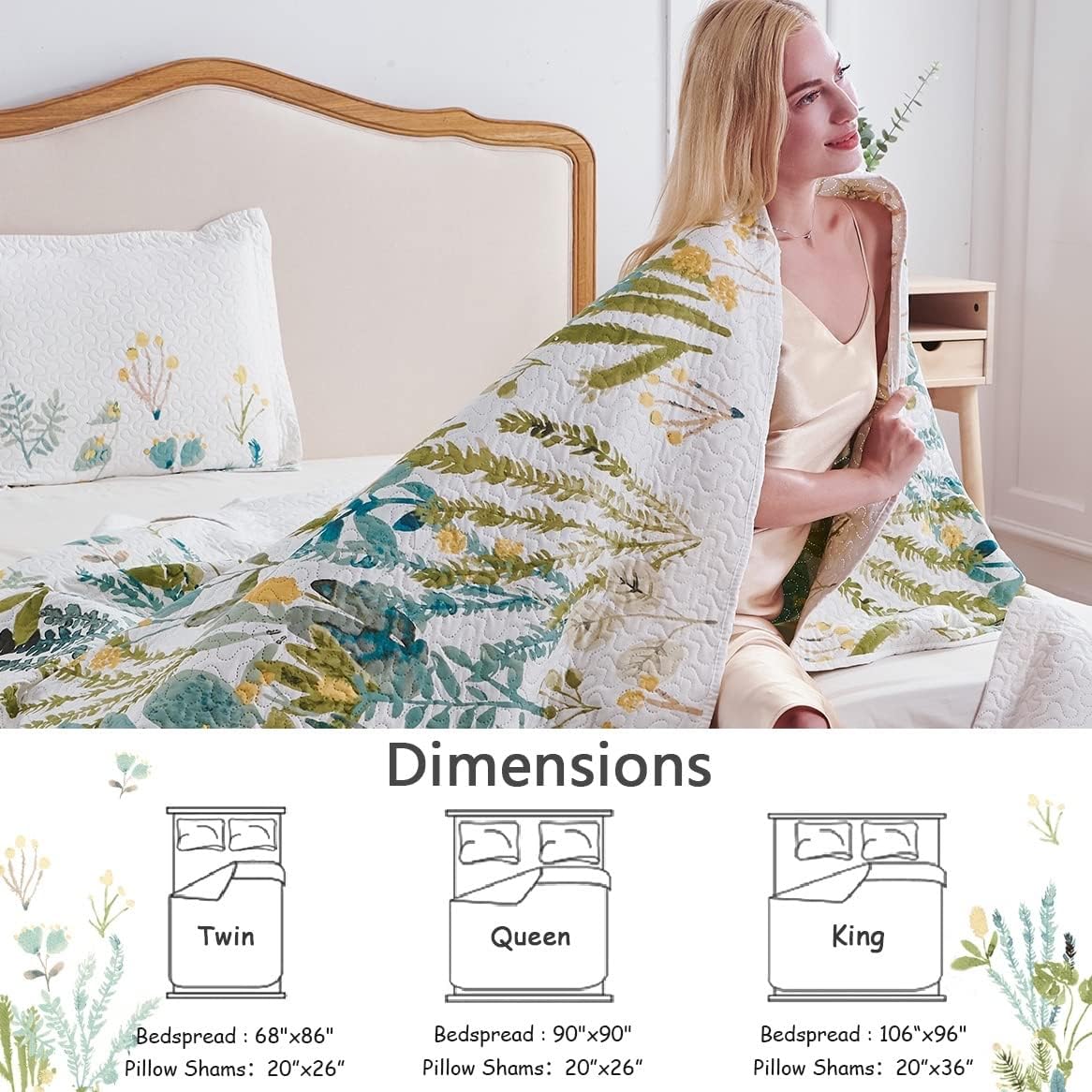 Full/Queen Size Floral Quilt Set for Bed Lightweight Green Yellow Leaves Botanical Bedspread Daybed Cover Coverlet Lodge Cabin Garden Floral Bed Cover Blanket Rural Blossom Bedroom Decor : Everything Else