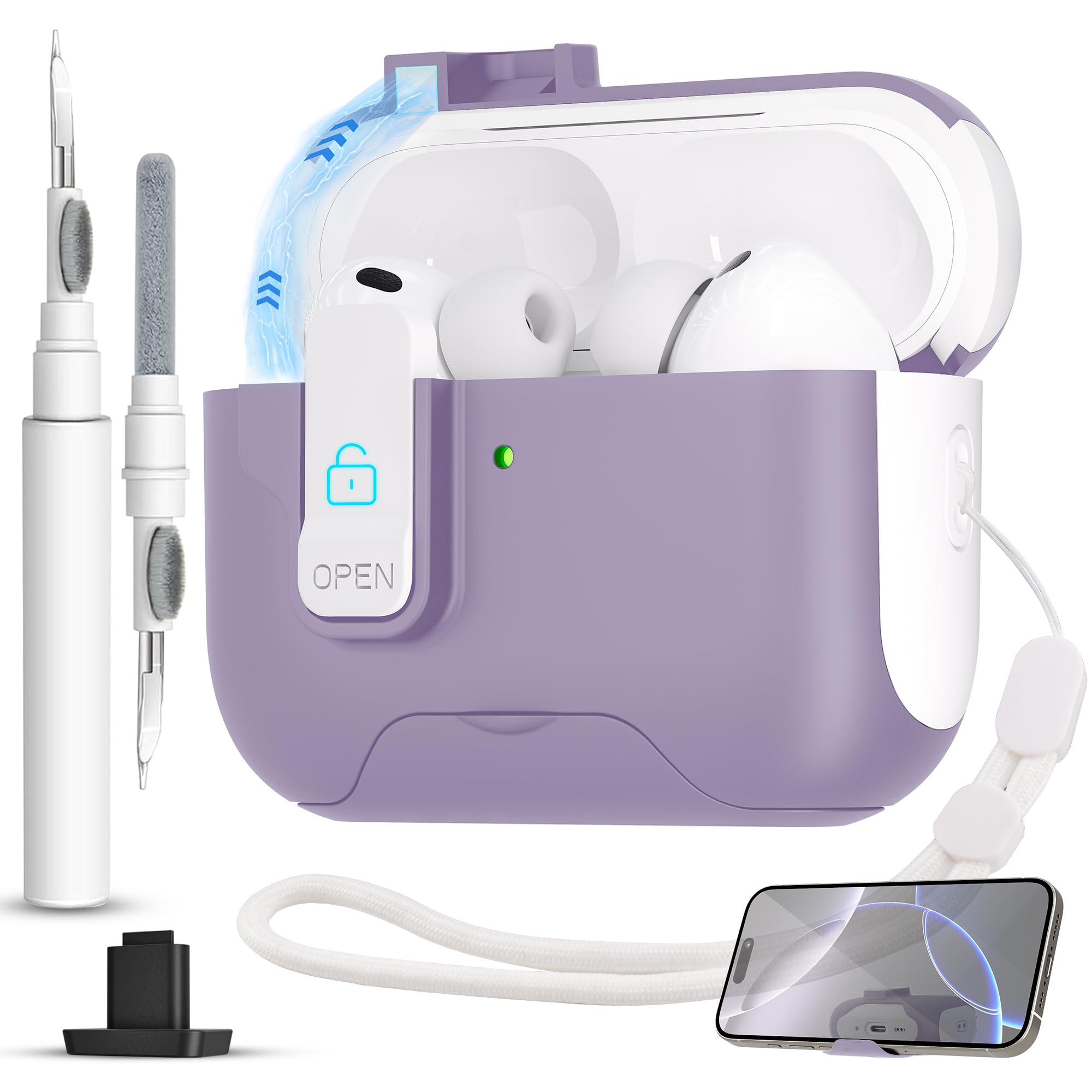 Coque rigide AirPods Pro 3ème génération violette protectrice avec cordon robuste - 8