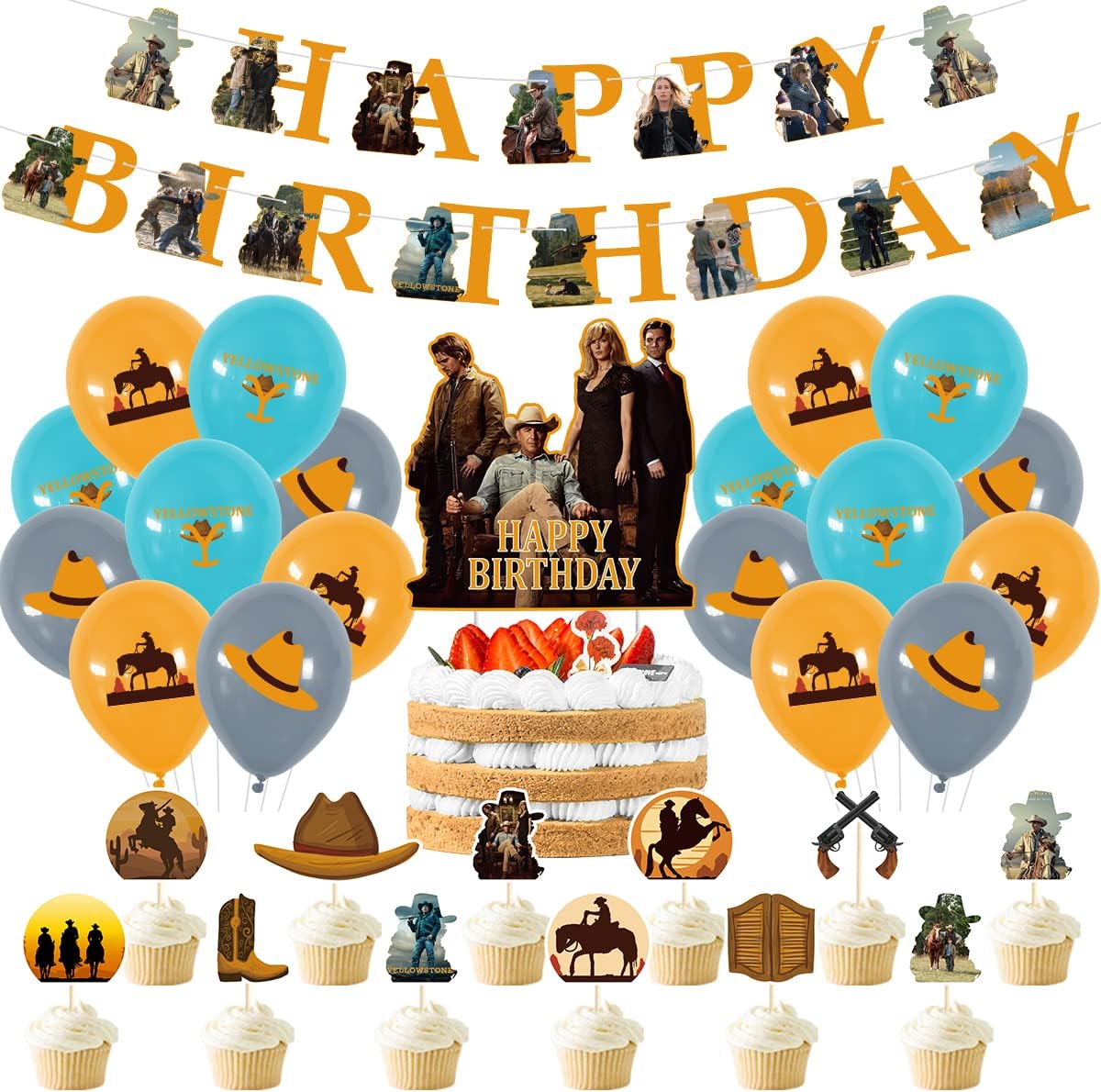 Yellowstone Birthday Party Supplies,Yellowstone Decorations include Cake Topper, Cupcake Toppers, Banner, Balloons