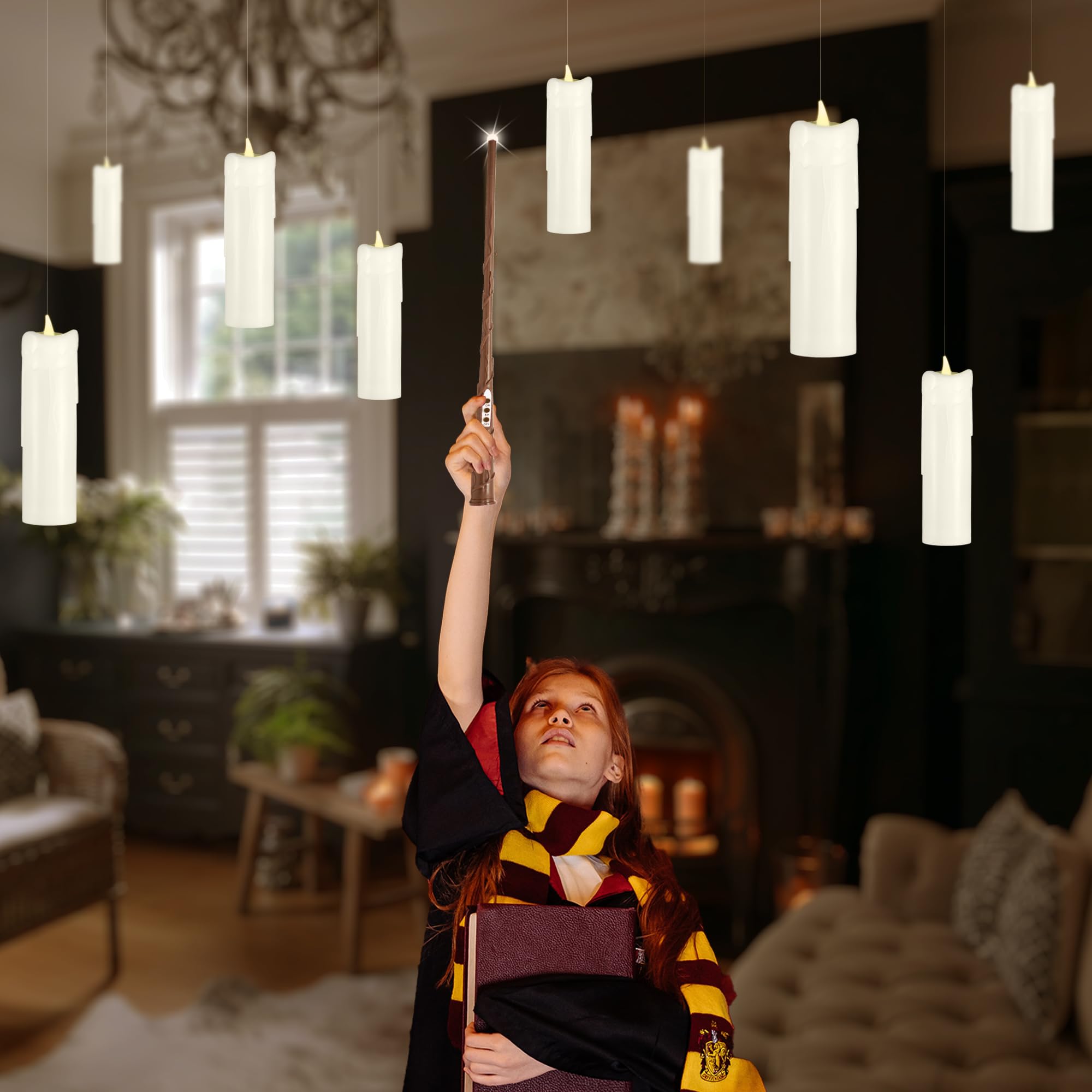 LUSHARBOR Floating Candles, 12pcs Flameless Candles with Wand Remote, 7.3" Magic Flickering Pillar Candles LED Electric Warm Light Battery Operated Candles for Christmas Halloween Party