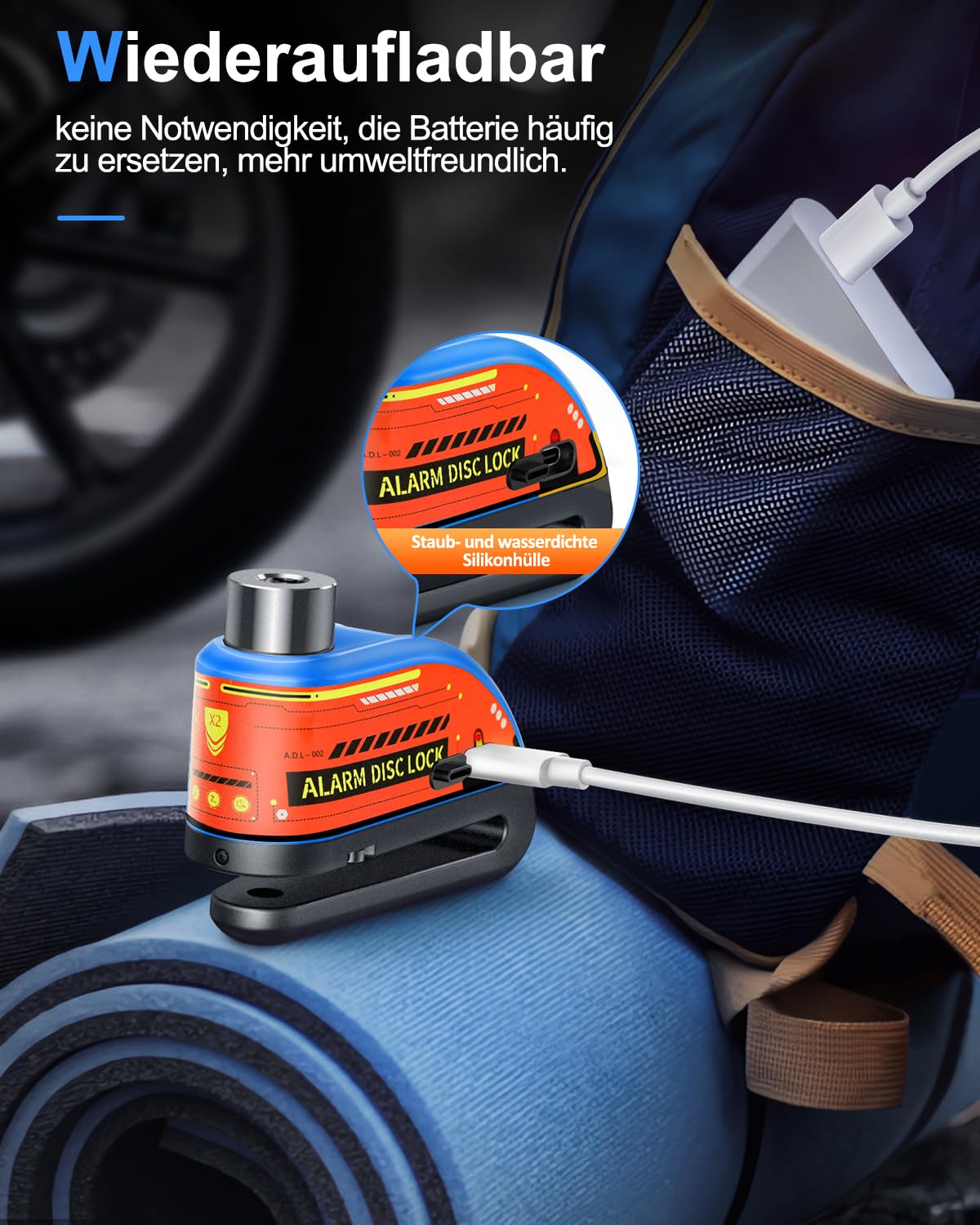 ZEXMTE Bremsscheibenschloss, Wiederaufladbar Motorrad Schloss Alarm 120db mit 1.8m Rückrufkabel,Verstärkt, Wasserdicht Hochsicherheits Scheibenbremse für Moto, Fahrrad, Scooter
