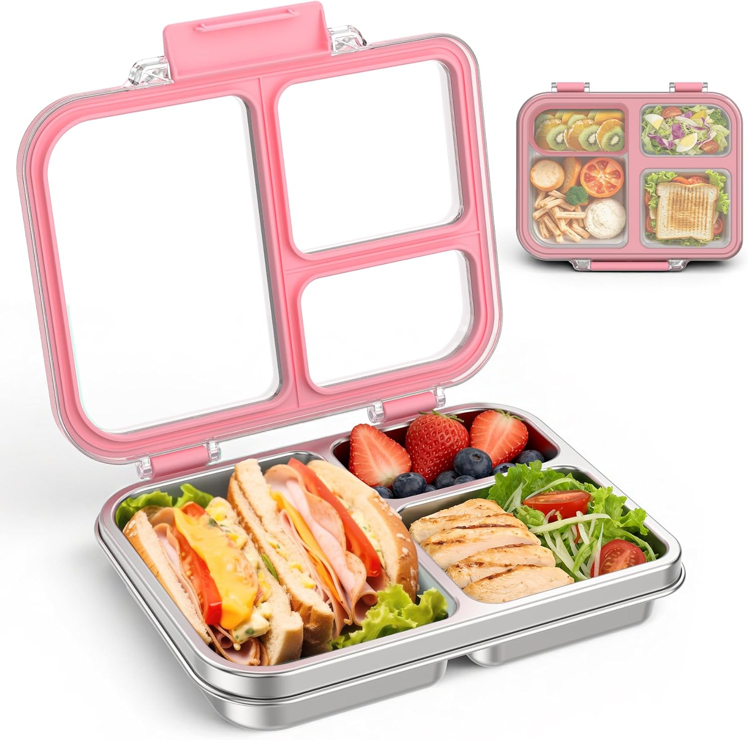 Stainless Steel Bento Lunch Box for Kids Adults, 3 Compartments Metal Bento Box with Transparent Lid & Silicone Container for Kids,Dishwasher-Safe,School & Travel,BPA-Free(Pink)