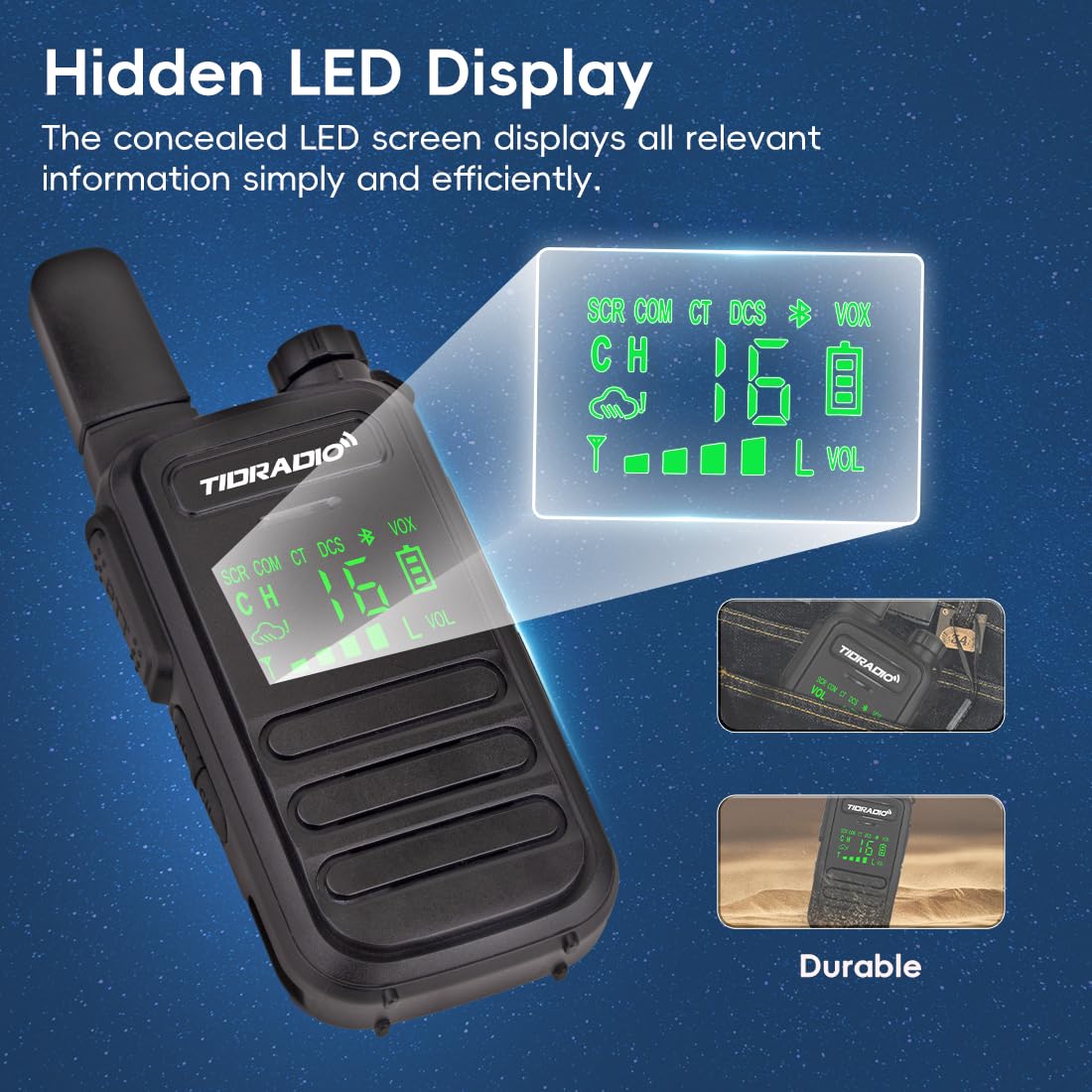TIDRADIO TD-M11 Walkie Talkies for Adults Kids, Long Range Waterproof PMR446 Licence Free 16CH Type-C Rechargeable LED Light Screen Earpieces-2Pack Two Way Radio — view 8
