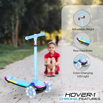 Hover-1 Chroma Folding Kick Scooter for Kids with Multicolor Wheel Lights, 3 Front Wheels, Rear Foot Brake, and 110 LB Weight Capacity