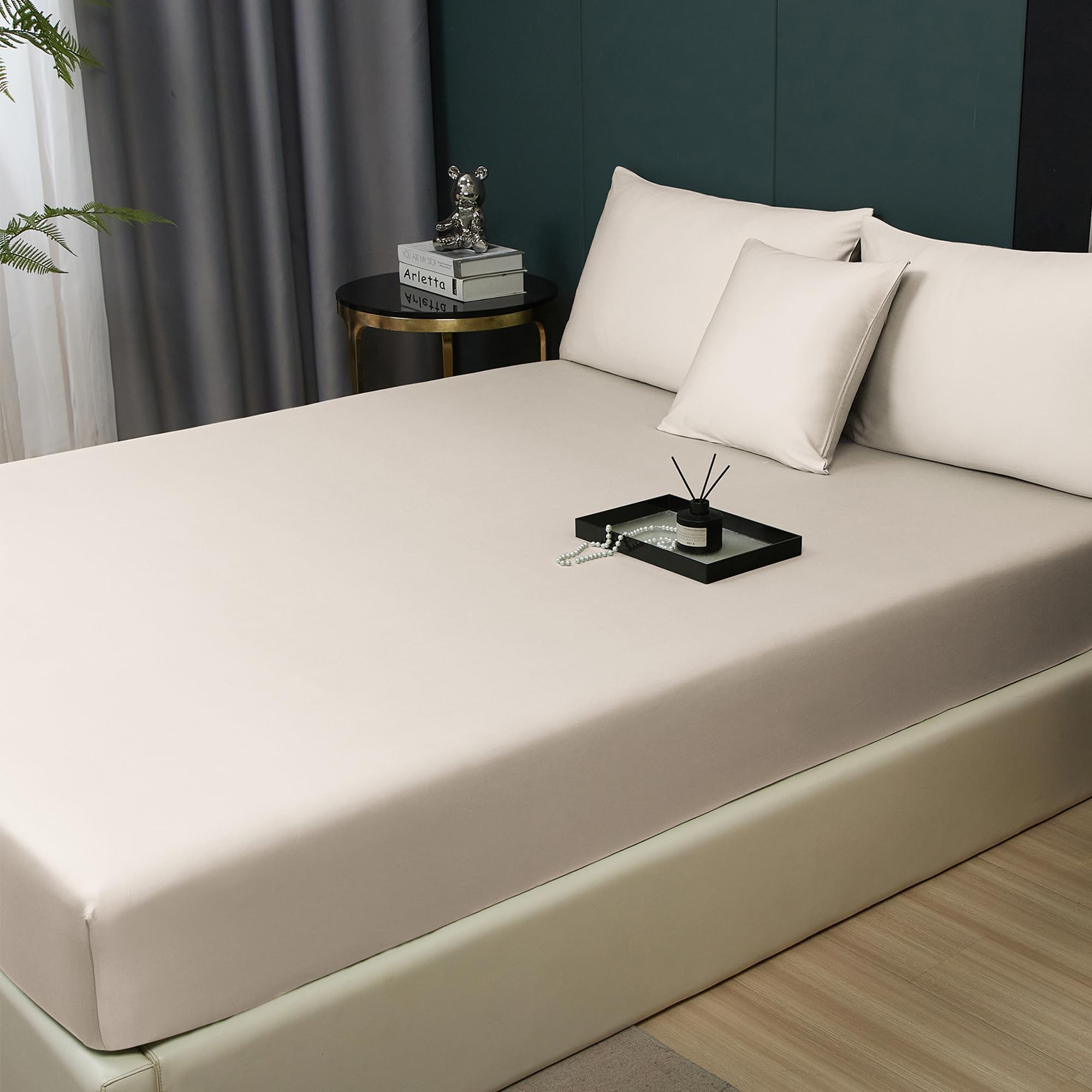 Spannbettlaken 180x200 Baumwolle Beige Spannbetttuch Khaki Creme Lyocell Seide 100% Baumwolle Betttuch 180 x 200 Doppelbett Uni Leintuch für Hohe Matratze Hoher Steg bis 25-30 cm