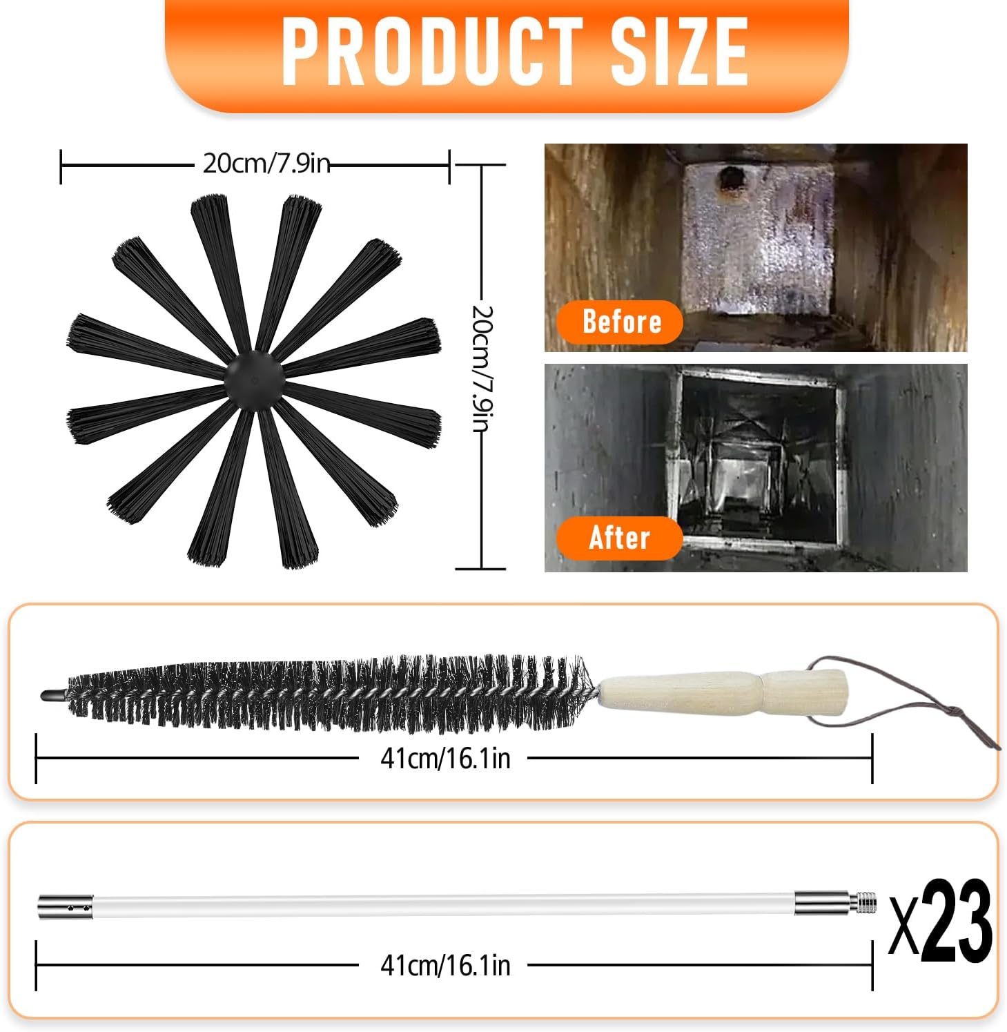 30feet chimney sweep kit,8 in brush head,dryer vent cleaner kit, chimney sweep&chimney cleaning kit, rotary chimney cleaning system for flue/fireplace/sewage pipe/hood with 23 nylon flexible rods large 30feet
