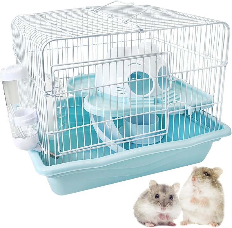 Jaula para hámster enano, jaulas para animales pequeños, jaula portátil para ratón de viaje de 2 niveles, portador de hámster con ruedas de ejercicio para correr en casa del castillo, botella de agua y plato de comida (azul)