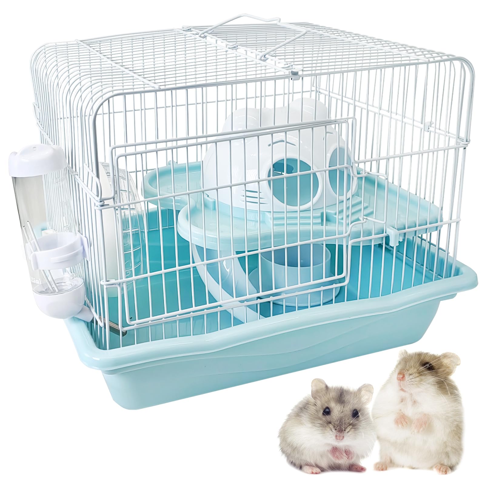 PINVNBY Dwarf Hamster Cage, Small Animal Cages, 2-Tier Travel Portable Mouse Cage Hamster Carrier with Castle House Running Exercise Wheels, Water