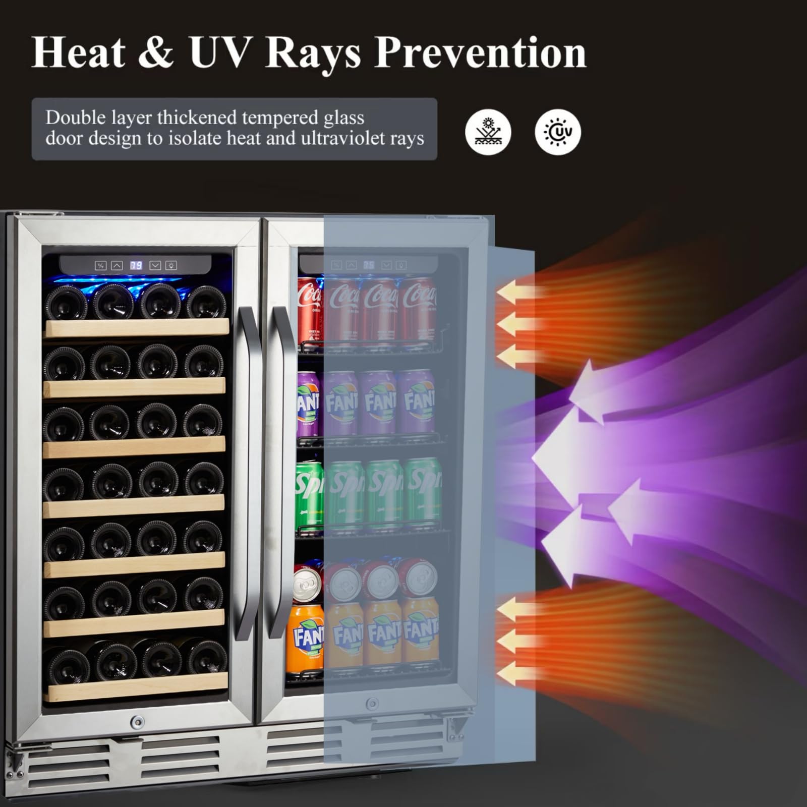 Wine And Beverage Refrigerator With Smart Temperature Control, Large Capacity Wine Cooler 33 Bottles And 100 Cans, Built-In Or Freestanding, LED Light, Compressor Cooling For Wine, Champagne, Drinks on Fridge.com - View 6