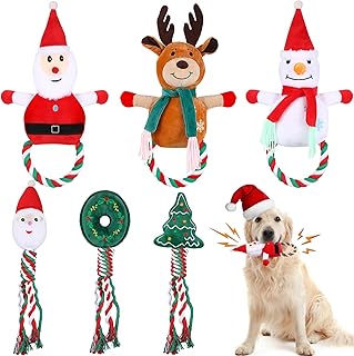 Hiboom 6 Pcs Christmas Squeaky Plush Dog Toys, Interactive Dog Rope Toys Tough Puppy Stuffed Chew Toys Dog Squeak Toys Soft Pet Toys Xmas Pet Gifts for Small Medium Large Pet, (Christmas Combo)