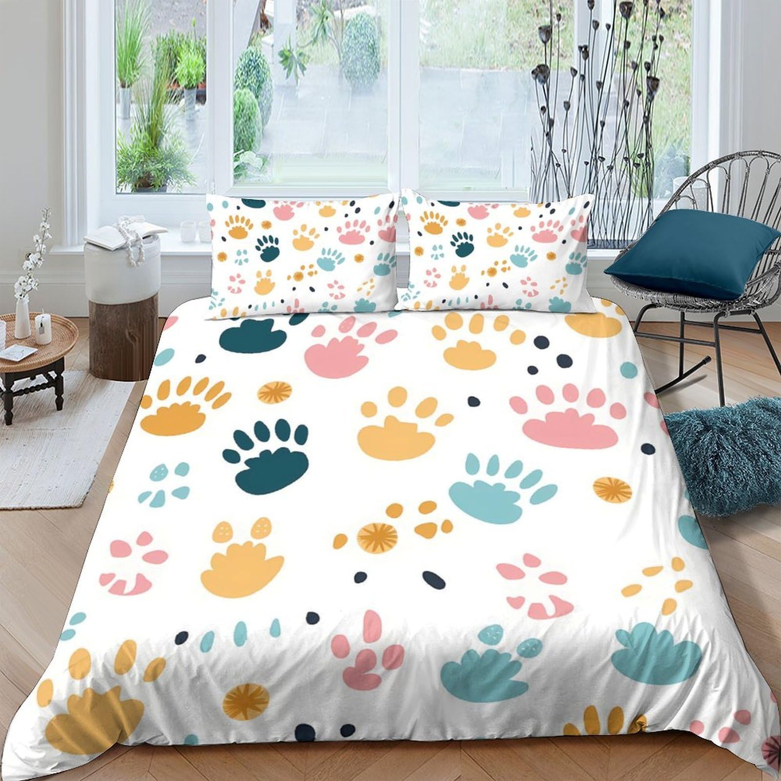 Ctjqhvkz Style-8 3D Printed Colorful Paw Pattern Fitted Sheet Microfiber Soft Bedroom Decor Pet Handprint Mattress Cover Single（135X200cm）