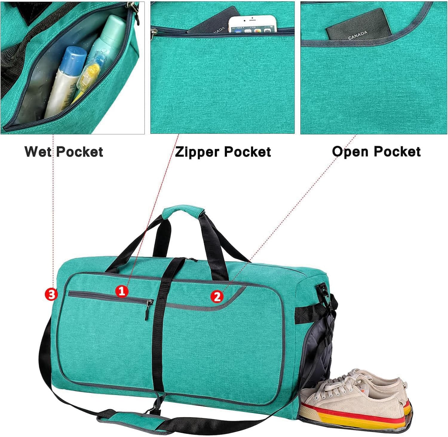 Travel Duffle Bag for Men, Large Foldable Duffel Bags for Traveling with Shoes & Wet Compartment Waterproof Weekender Gym Bag for Men Women(65LTeal) - Image 5