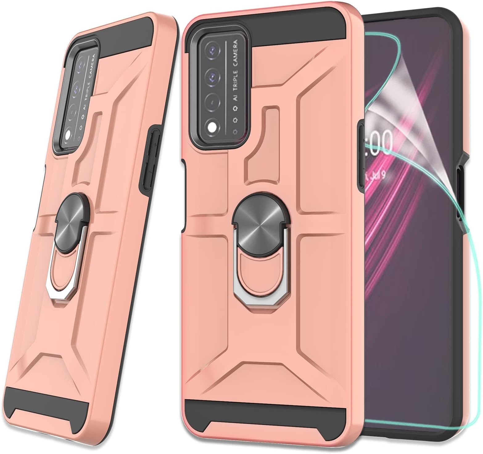 ZingCon Compatible for TCL T-Mobile Revvl V+ 5G Case,[HD Screen Protector] Shockproof Protective Phone Case with Ring Kickstand Fitting Magnetic Car Mount for Revvl V Plus 5G-Rose Gold