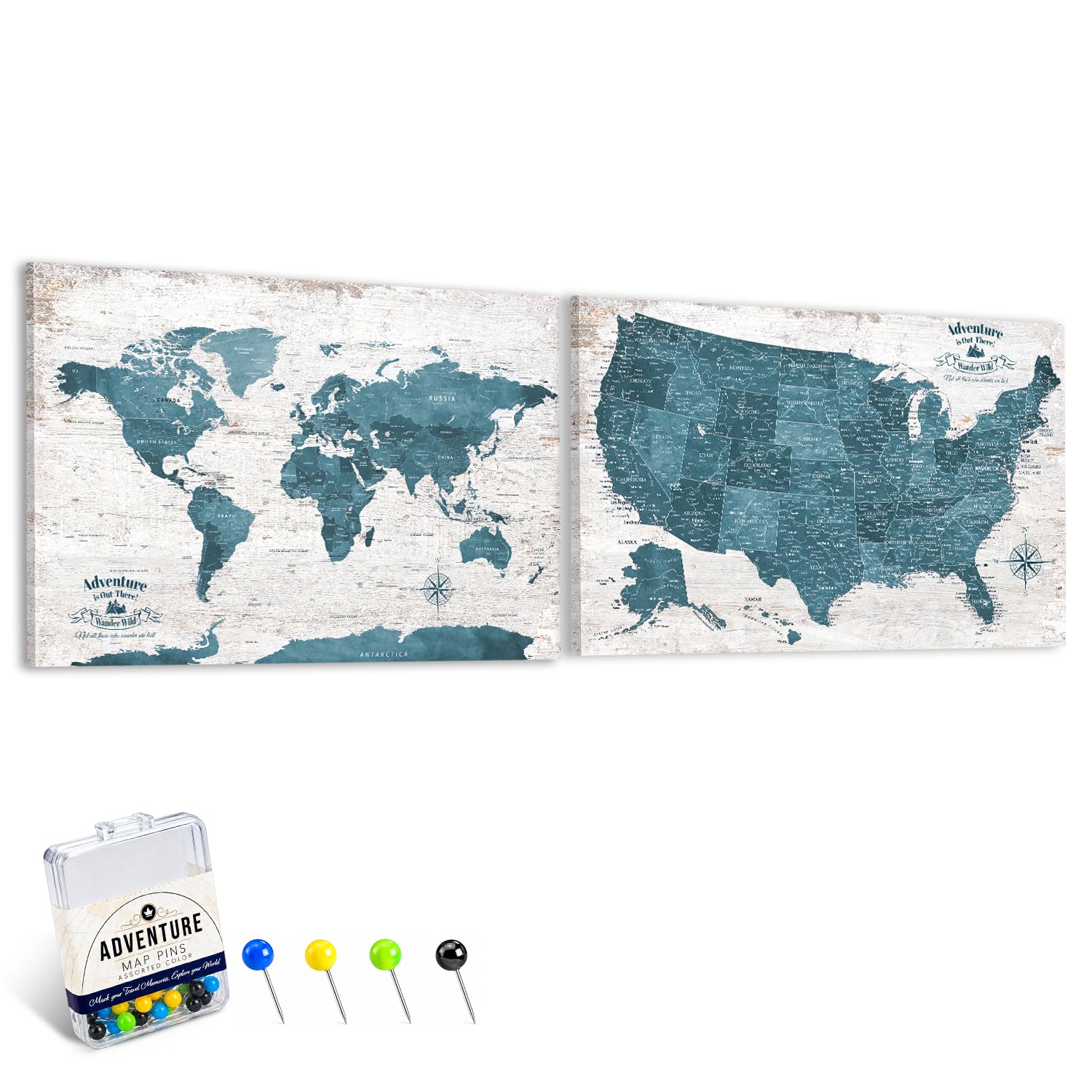 IPIC Antique Blue World Map Pin Board and USA Map, Set of 2, Size 42x28 in