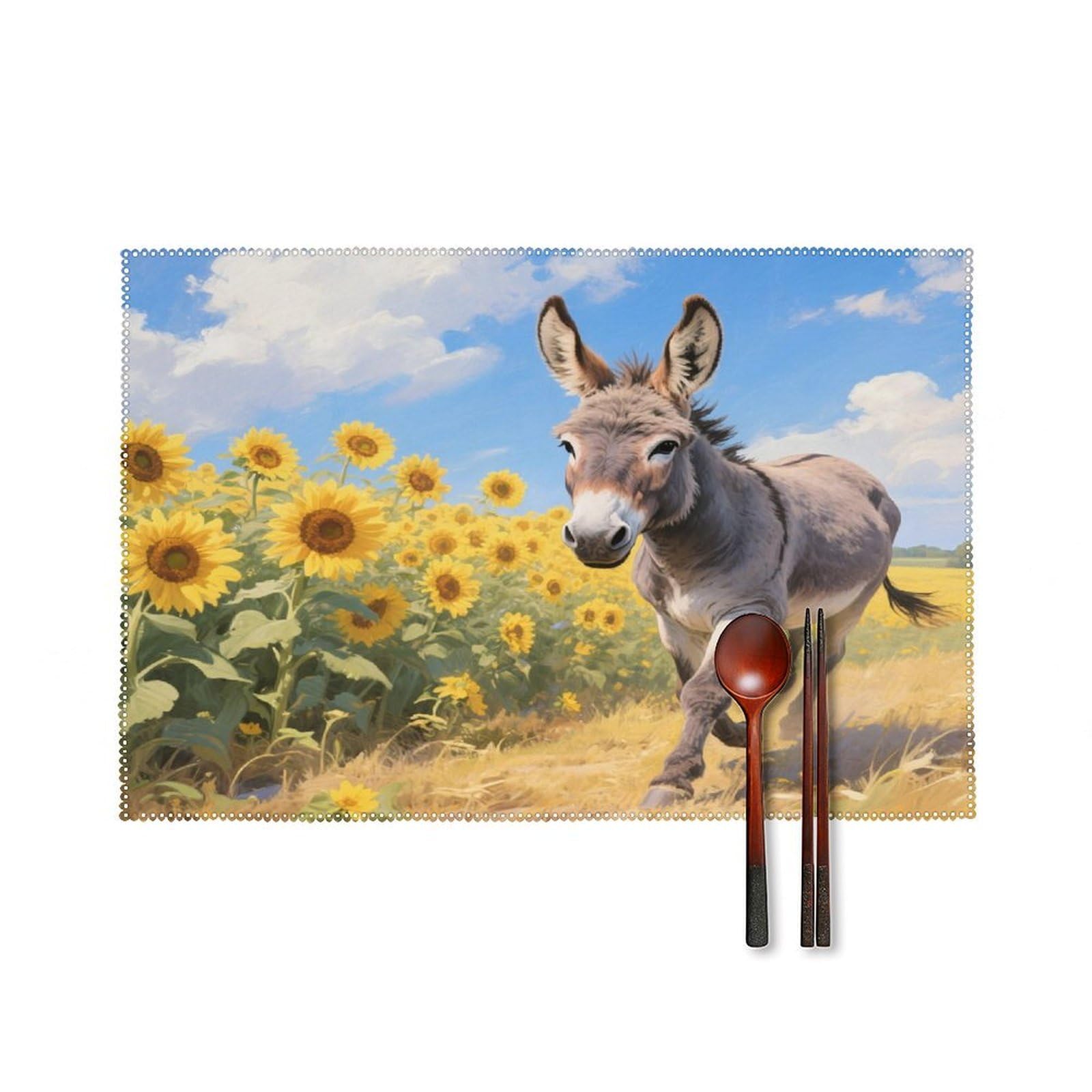 Donkey in Sunflower Field Placemats Set of 4 Heat Resistant Non-Slip Place Mats for Dining Table Washable Placemat Wipeable Dining Table Mat Canvas Place Mats Dining Table Decor