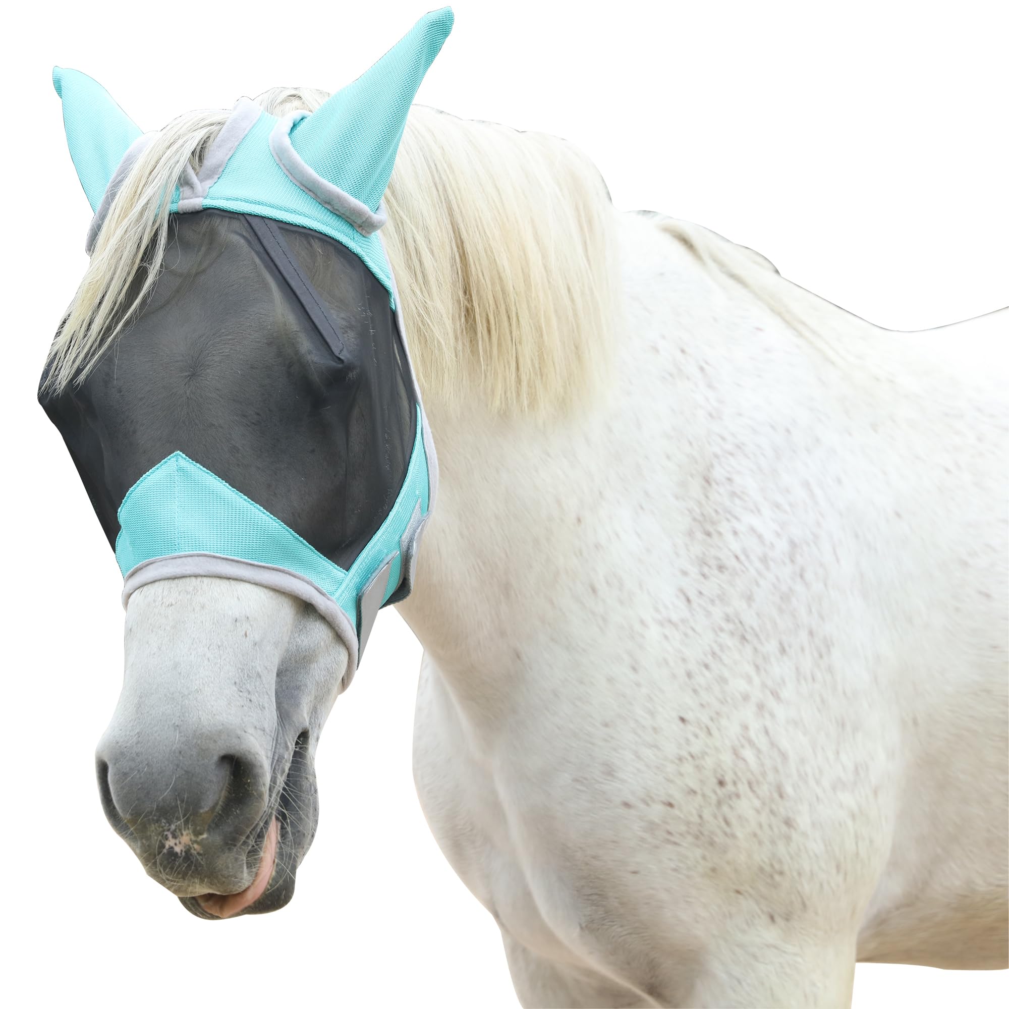 Maschera antimosche cavallo con protezione orecchie, verde M | Protezione UV, maglia traspirante, ampio spazio per gli occhi, foro per il toupet, senza sfregamento