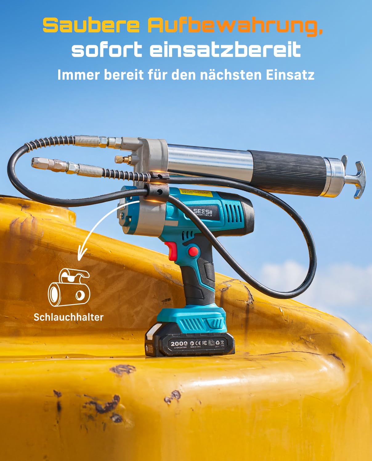 Seesii Akku Fettpresse, Elektrische Fettpresse für Schmiernippel mit Lock-On-Auslöser, 120 cm-Schlauch, hoher Durchfluss von 5,8 oz/min, Schnellkupplung, LED-Beleuchtung für PKWs und Baumaschinen