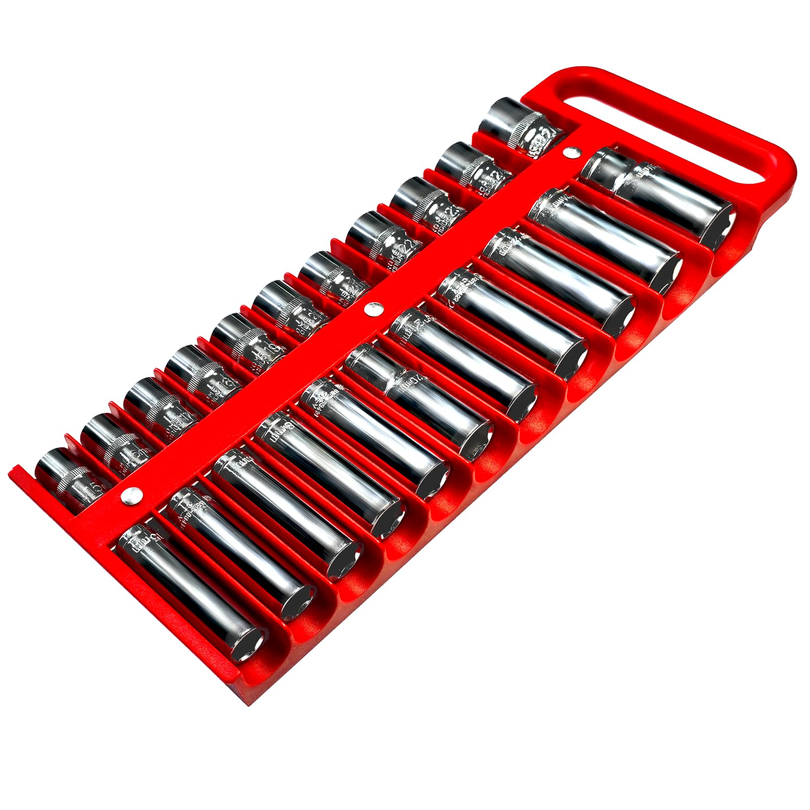 HGSKEO Magnetic Socket Holder Set with Handle, Portable Socket Organizer, Heavy Duty Socket Racks 1/2" Drive Holders Hold 22 standard Sockets for Tool Box (Red, 1/2" Drive)