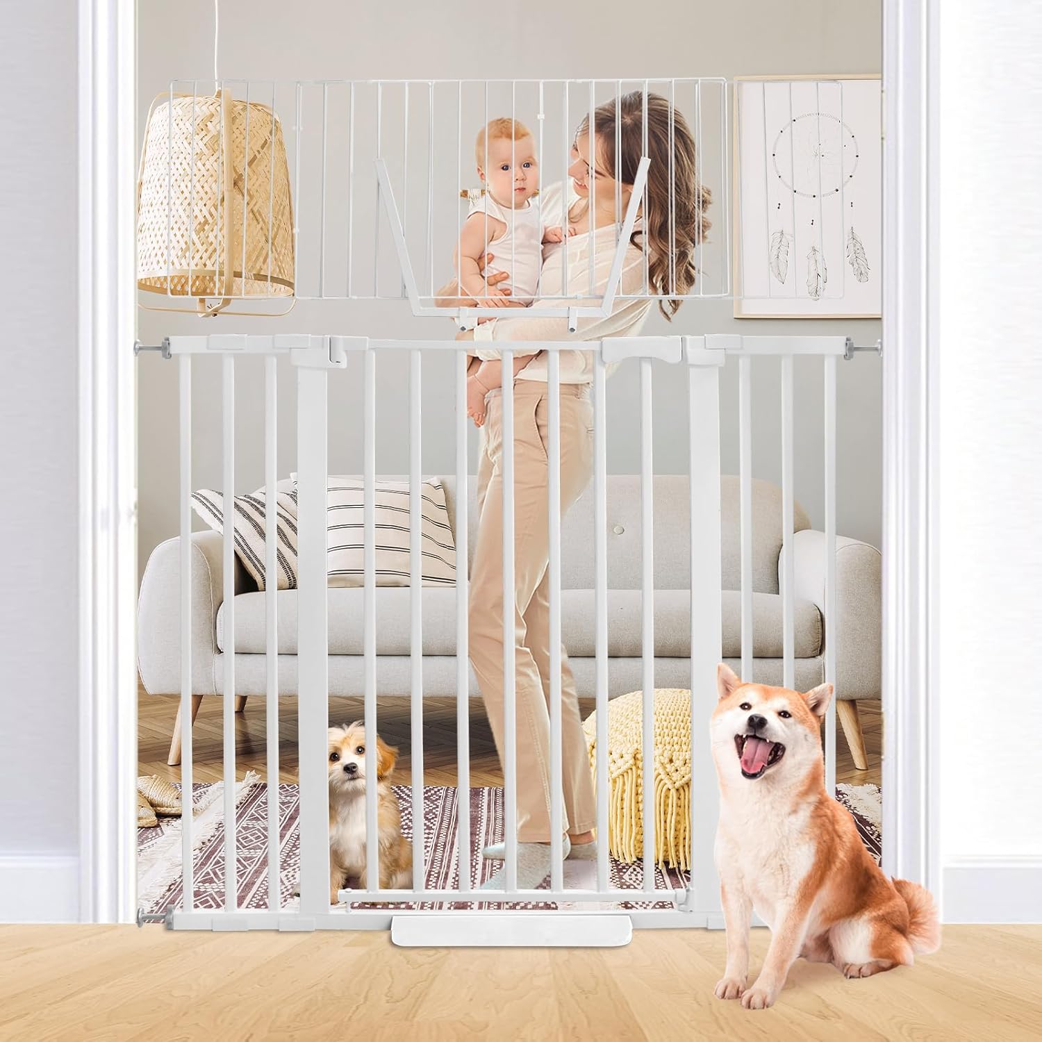 SHYUJAJIE 59 Inch Extra Tall Pet Gate, Adjustable 29.92"-49.21" Wide Auto Close Dog Gate with Tall Panels, Pressure Mounted Walk Through Swing Cat Gates for Doorways(White)
