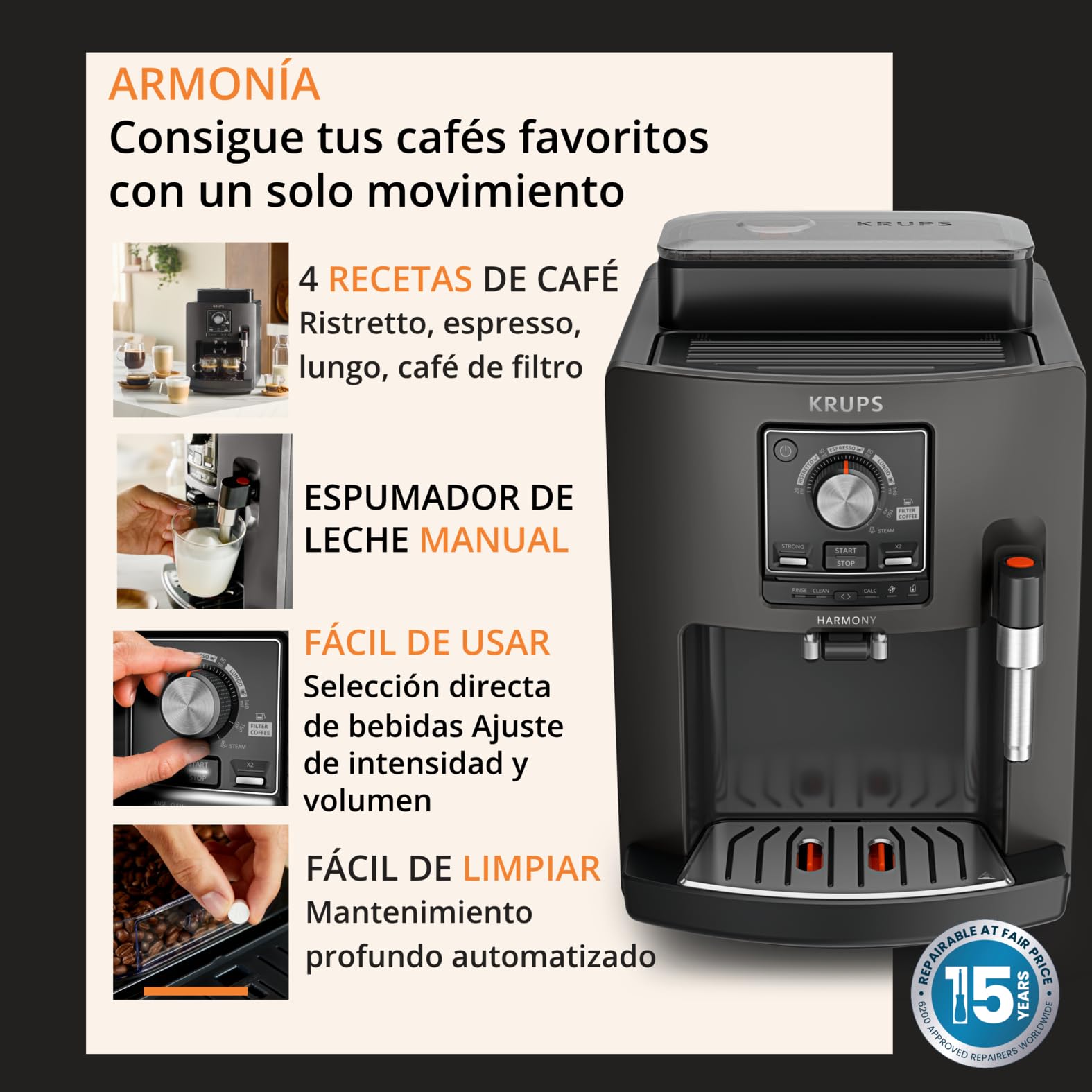 Krups Harmony, Cafetera Superautomática, 4 Bebidas de café y leche, Espumador De Leche, Limpieza automática, Funcioón de doble taza, Compacta, Color carbón, EA508BE0