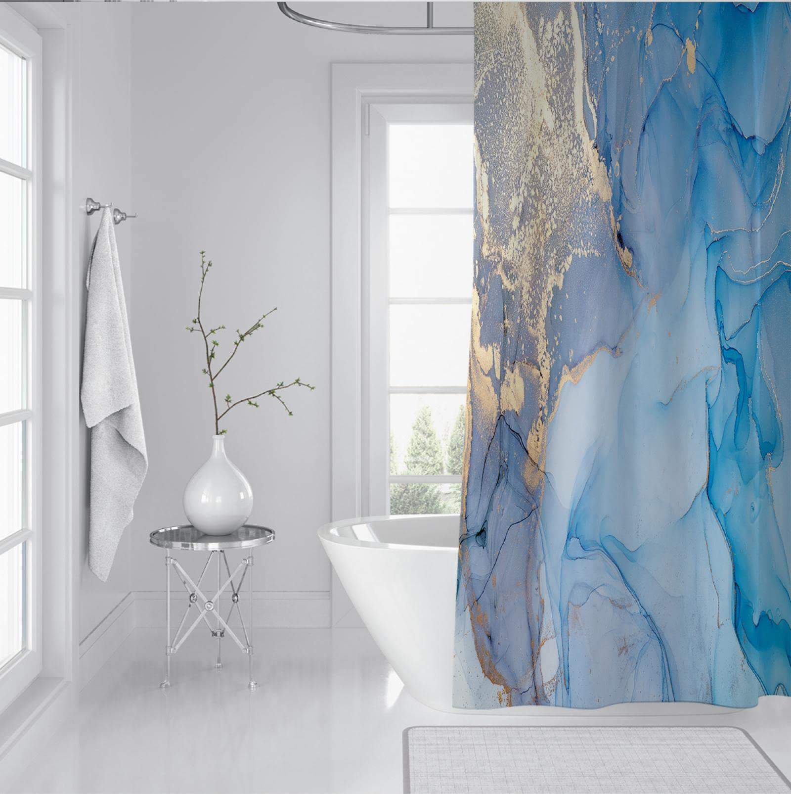 Cortina de Ducha de mármol Azul para baño Juego de decoración de Cortina de Ducha de Lujo Dorado con Ganchos Cortinas de bañera húmedas y secas separadas W200xL200cm