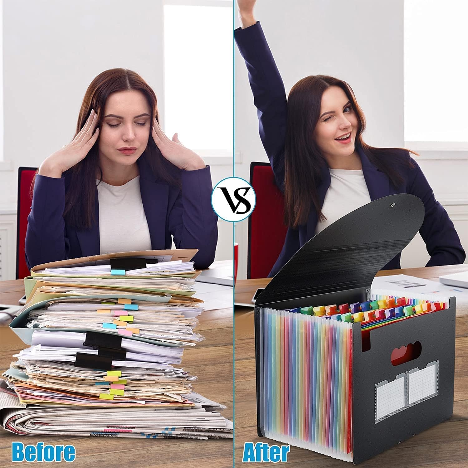 Maimis Expanding File Folder, 24 Pocket Accordion File Organizer A4 Letter Size Portable Document Organizer with Colored Tabs, Accordian File folders Expandable Bill Coupon Folder - Black
