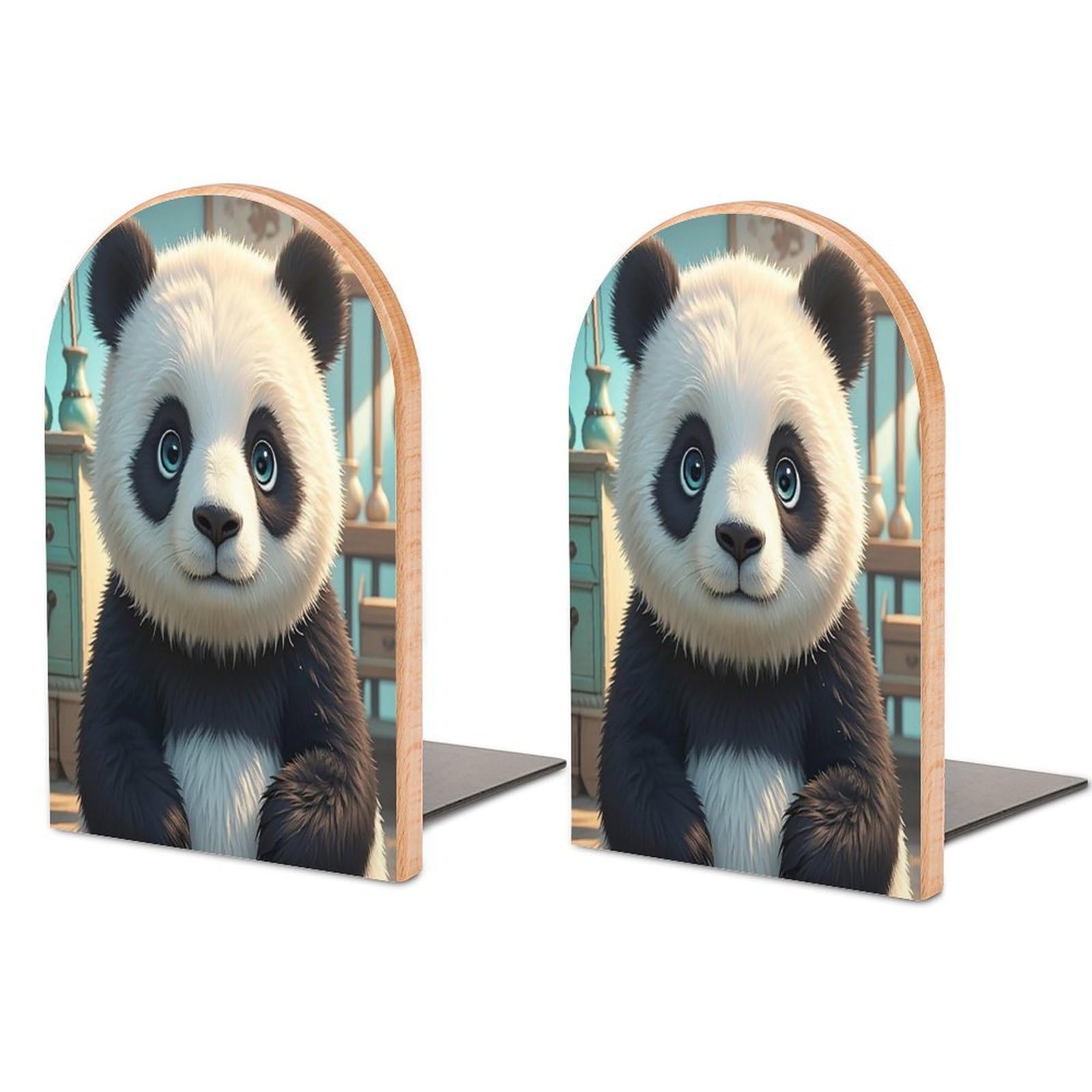 Anime Panda Face Bookend for Shelves Wooden Book End Sturdy Book Holders Stoppers with Metal Base for Bookshelves Slick Decorative Bookends Stands
