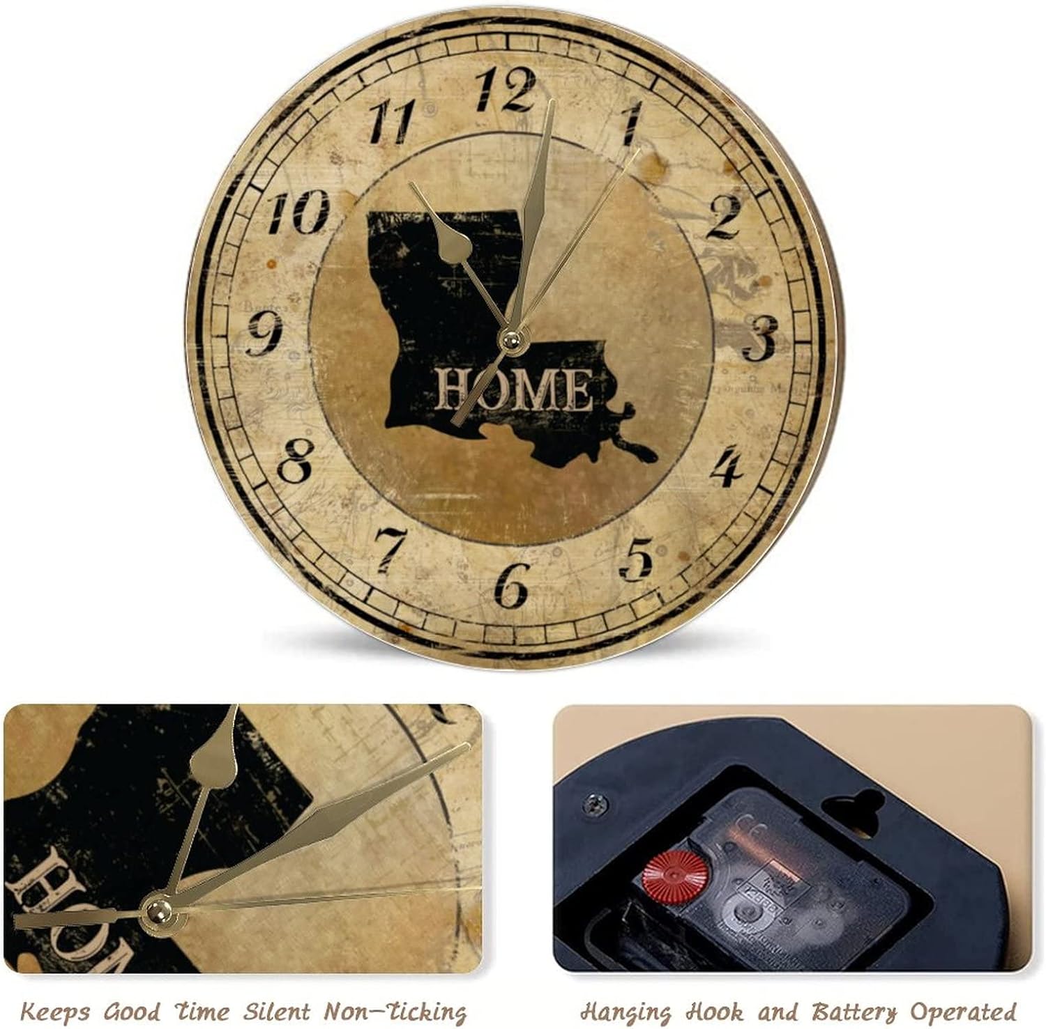 Vintage Louisiana State Map Clocks French Retro American State Home Clock for Wall Vintage Retro 15inch Round Clock Quartz Battery Operated Silent Wooden Wall Clocks for Dinning Living Room