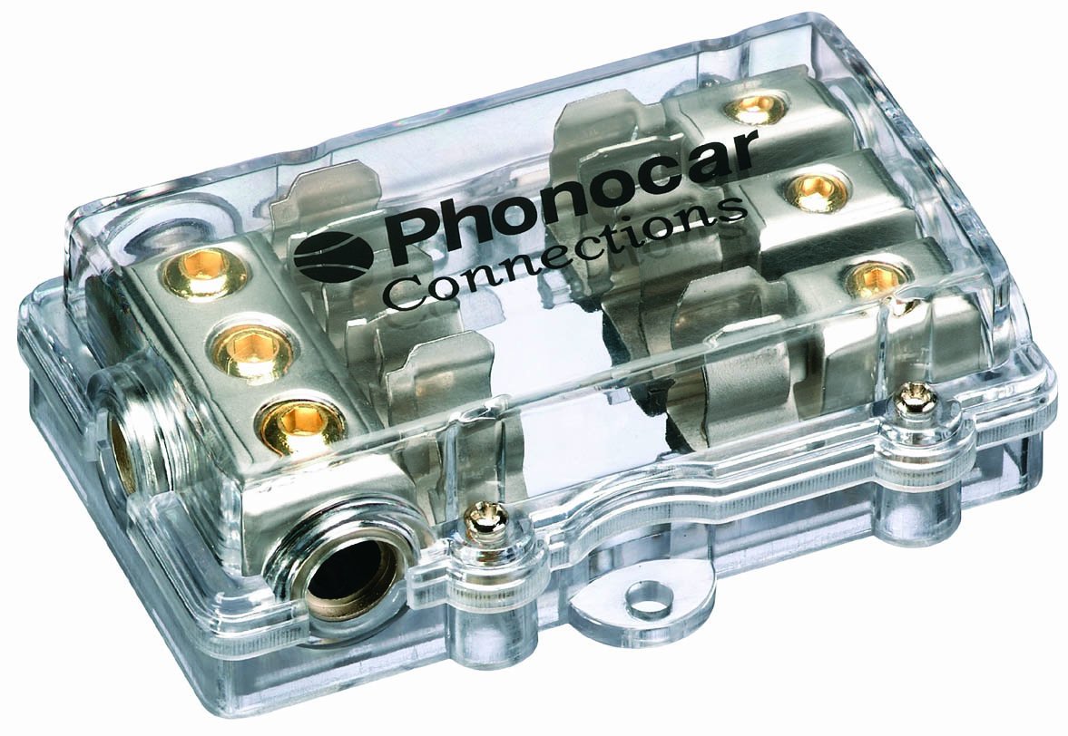 Freajoin Portafusibili AGU 4 Gauge In / 2 X 8 Gauge Out – Blocco Distribuzione Con 2 Fusibili Placcati Oro 80A – Alloggiamento Trasparente